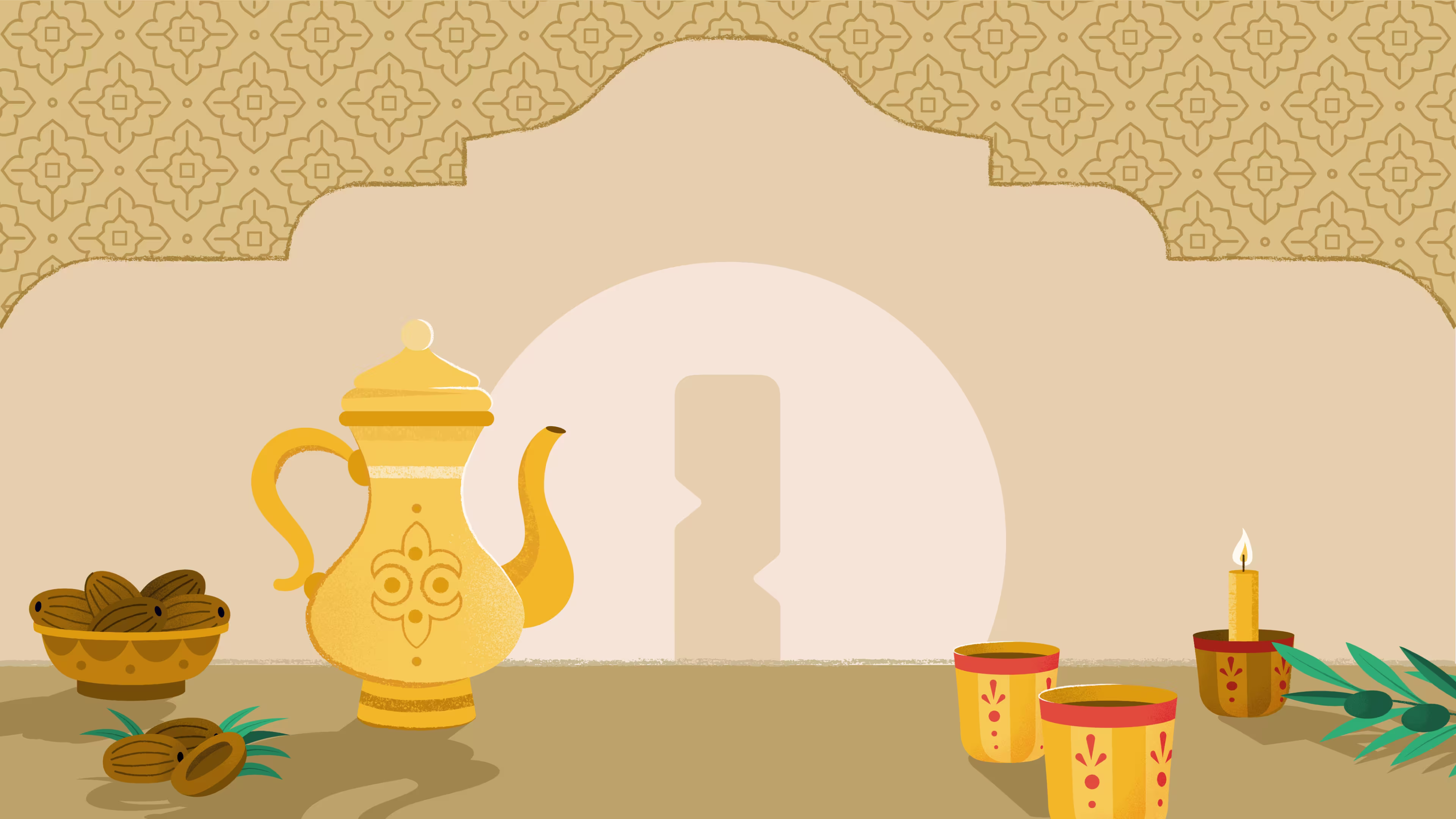 A SWANA themed illustration showing a tabletop with a kettle and cups.