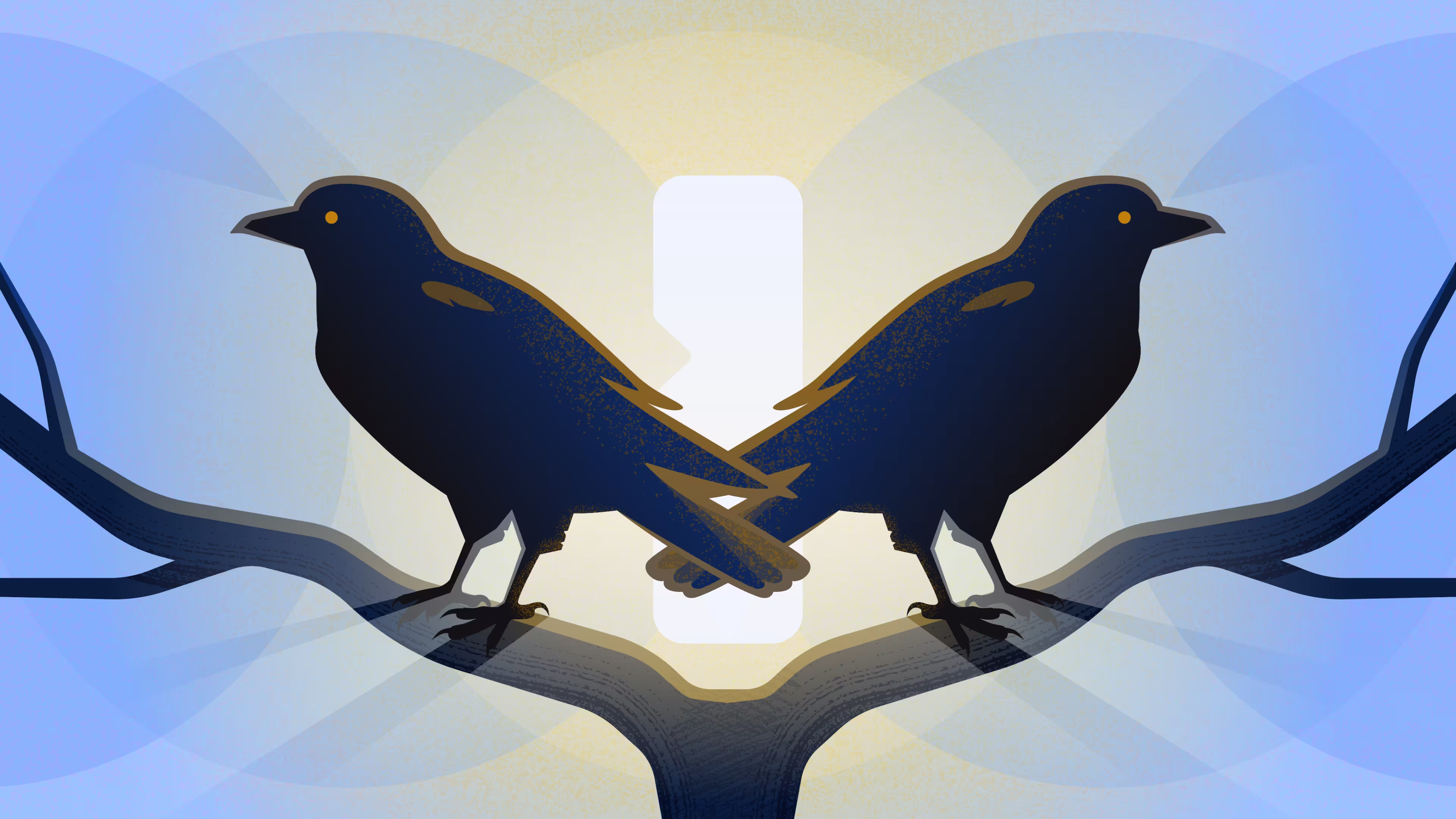 Two ravens stand facing away from each other on a tree with the sun behind them