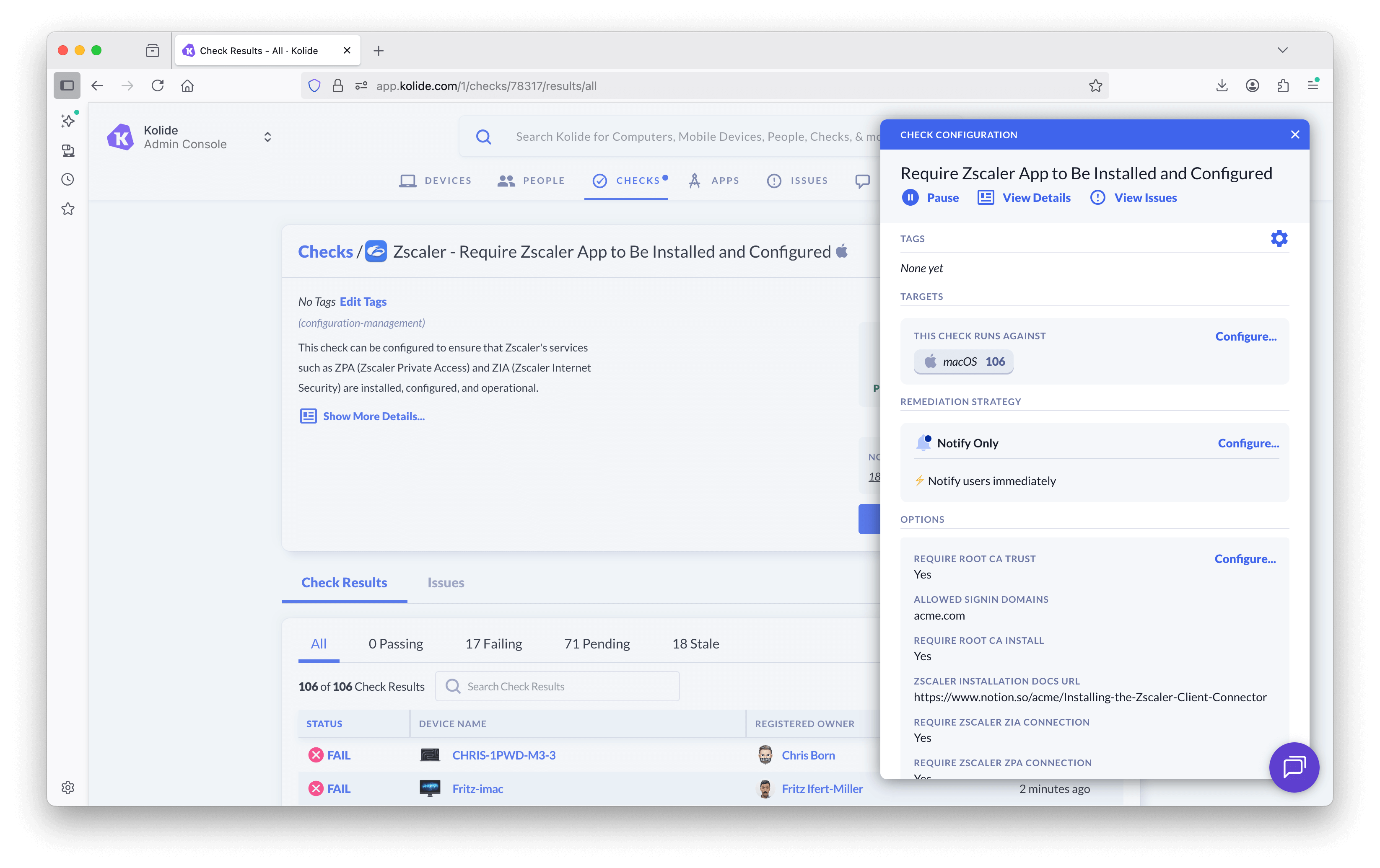 Another configuration screen of the Zscaler check.