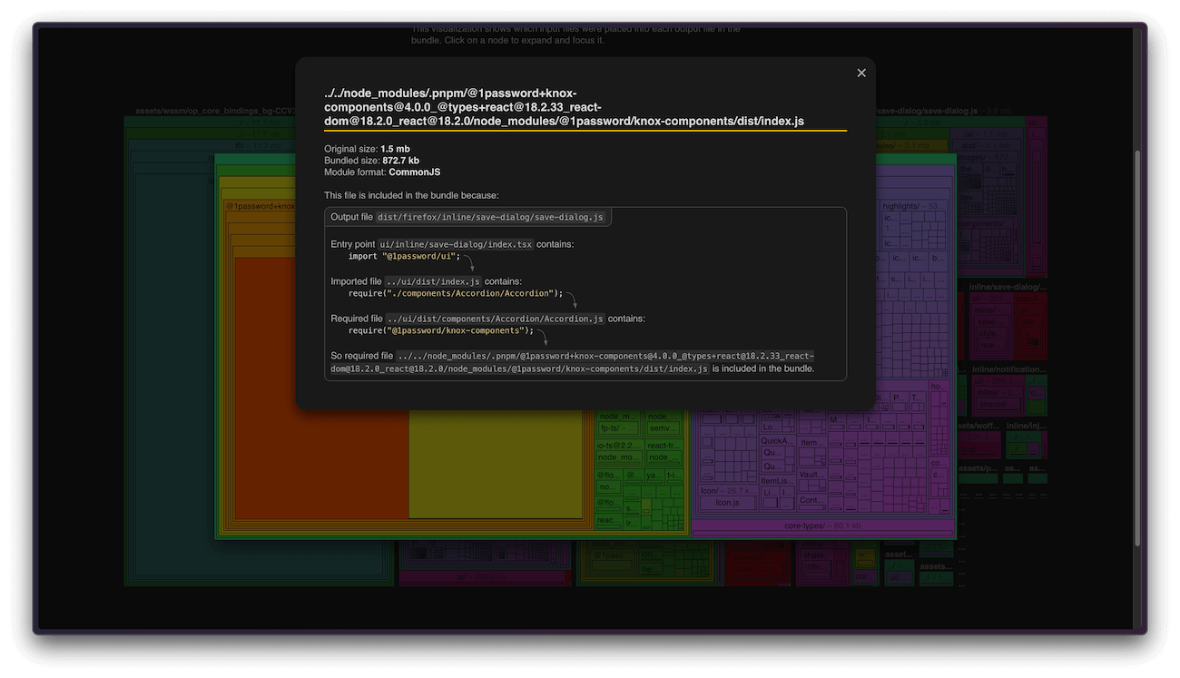 A screenshot of the inclusion reason panel in esbuild's treemap bundle size visualizer. This panel provides more details about a specific block from the treemap. In particular, it contains a section that walks you through the dependency tree to show you why a particular block ended up being included in the final bundle output.