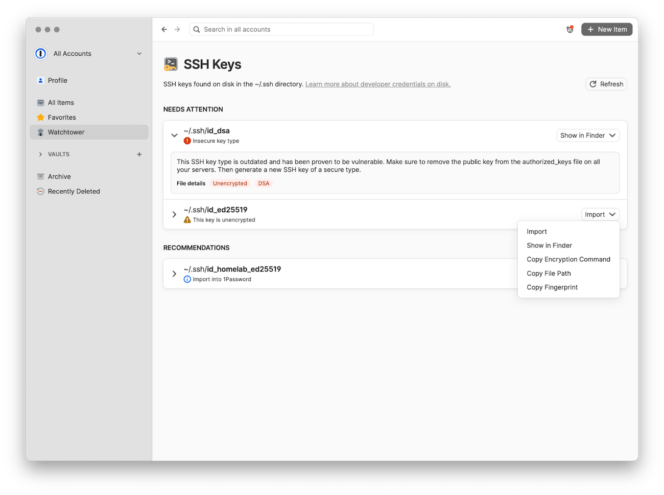 List of SSH keys found by 1Password that need attention, and recommended actions