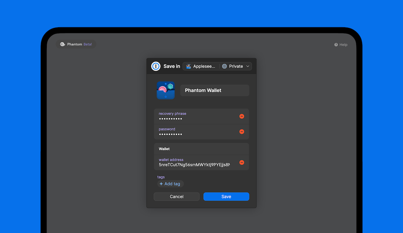 Phantom wallet item in 1Password