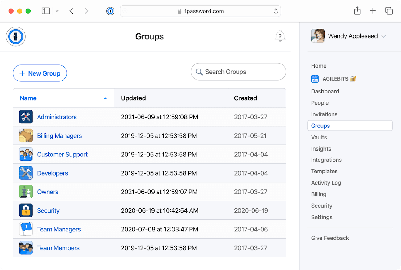 A screenshot of the Groups section of 1Password.