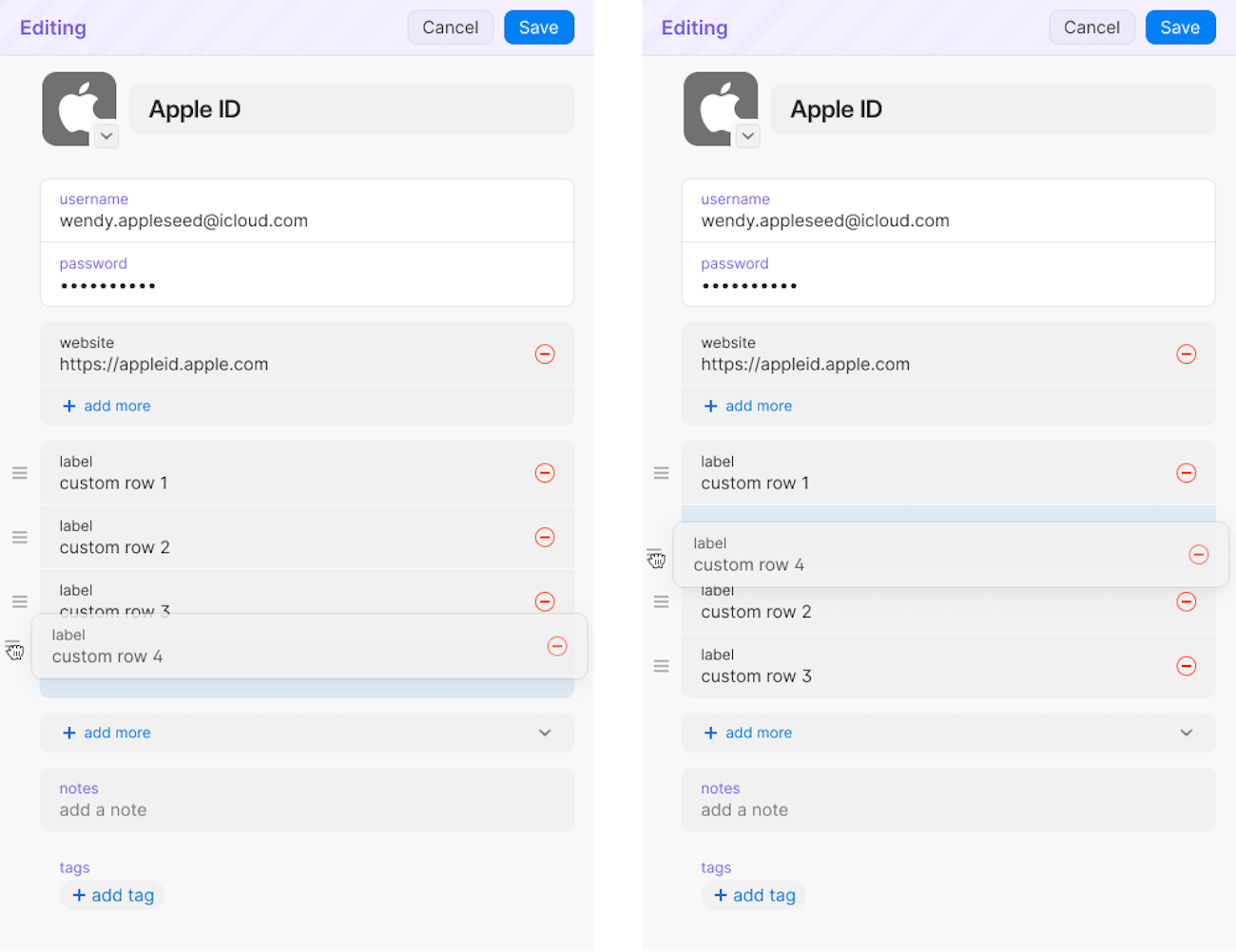 Two screenshots showing how to reorder fields in a saved item.
