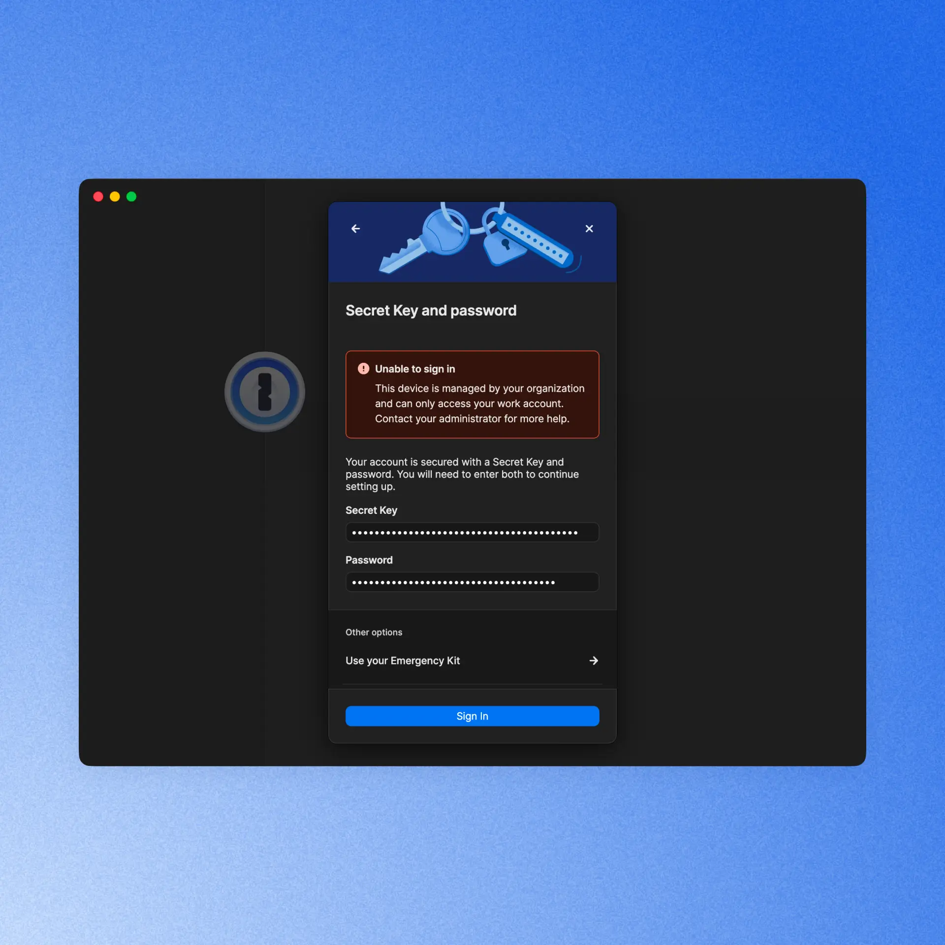 A screenshot showing a 1Password alert, informing a user that they are on a work-managed device and they can only sign in with their work account.