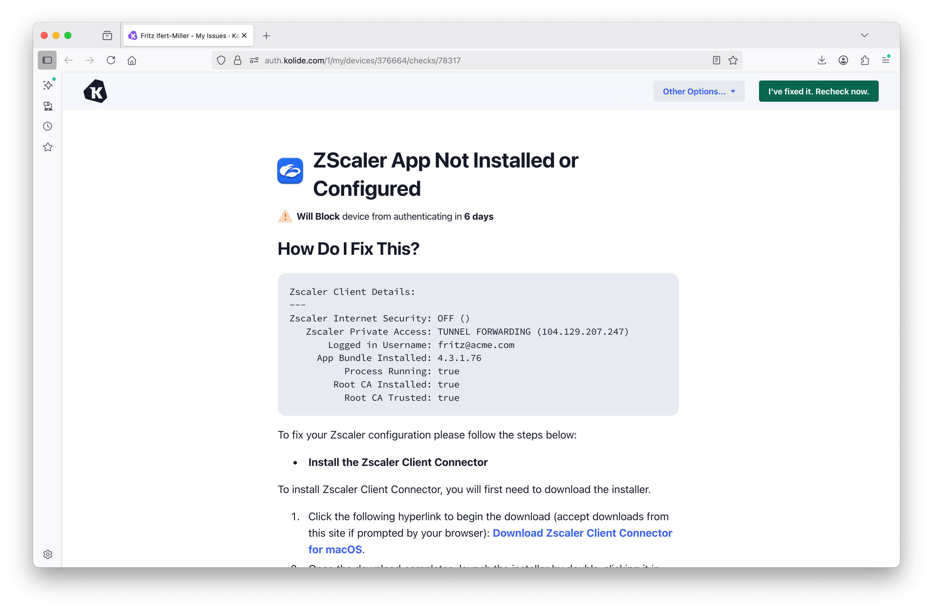 Screenshot of instructions for self remediation. 