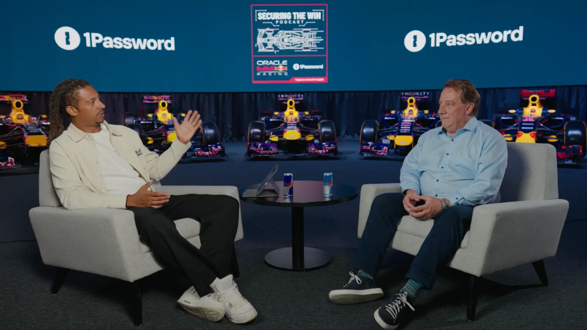 Calum Nicholas and CIO Matt Cadiuex speak at the Oracle Red Bull Racing hall of fame in MK7