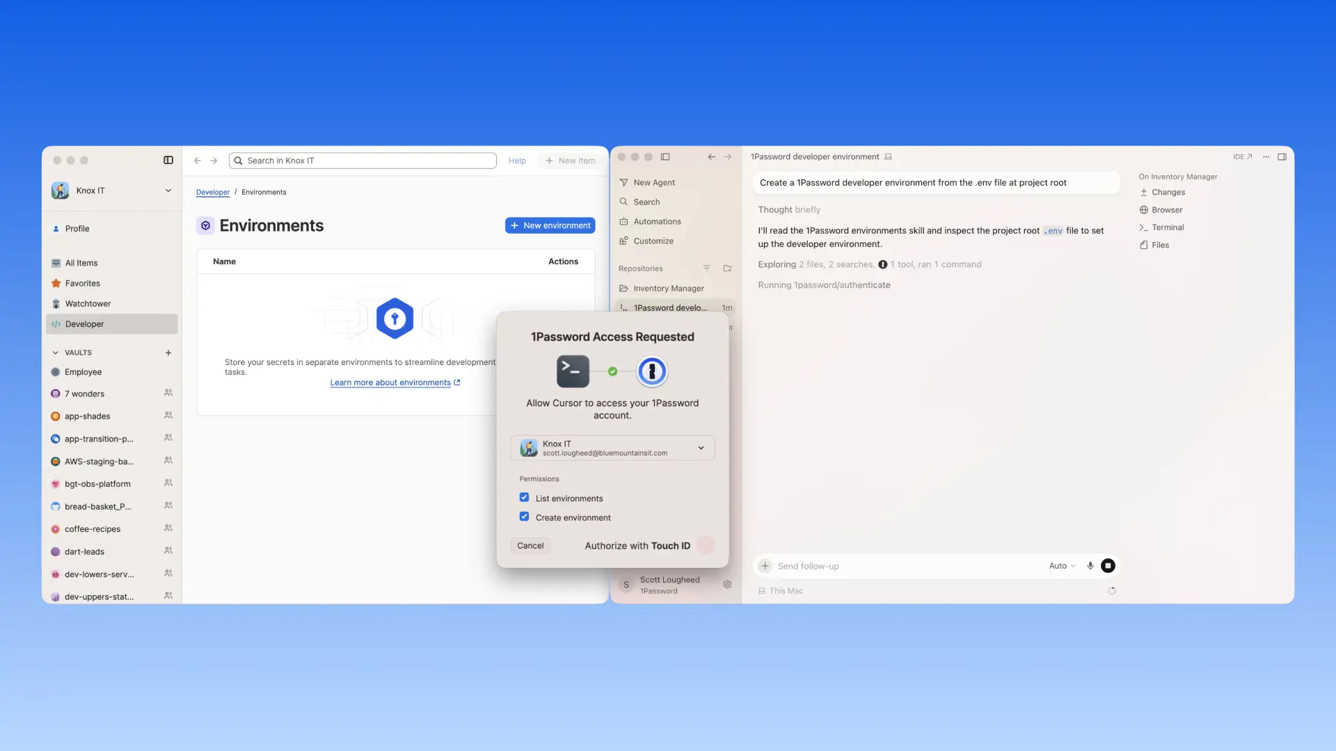 A screenshot depicting how Cursor requests access to a user's 1Password vault, which they can authorize via Touch ID.