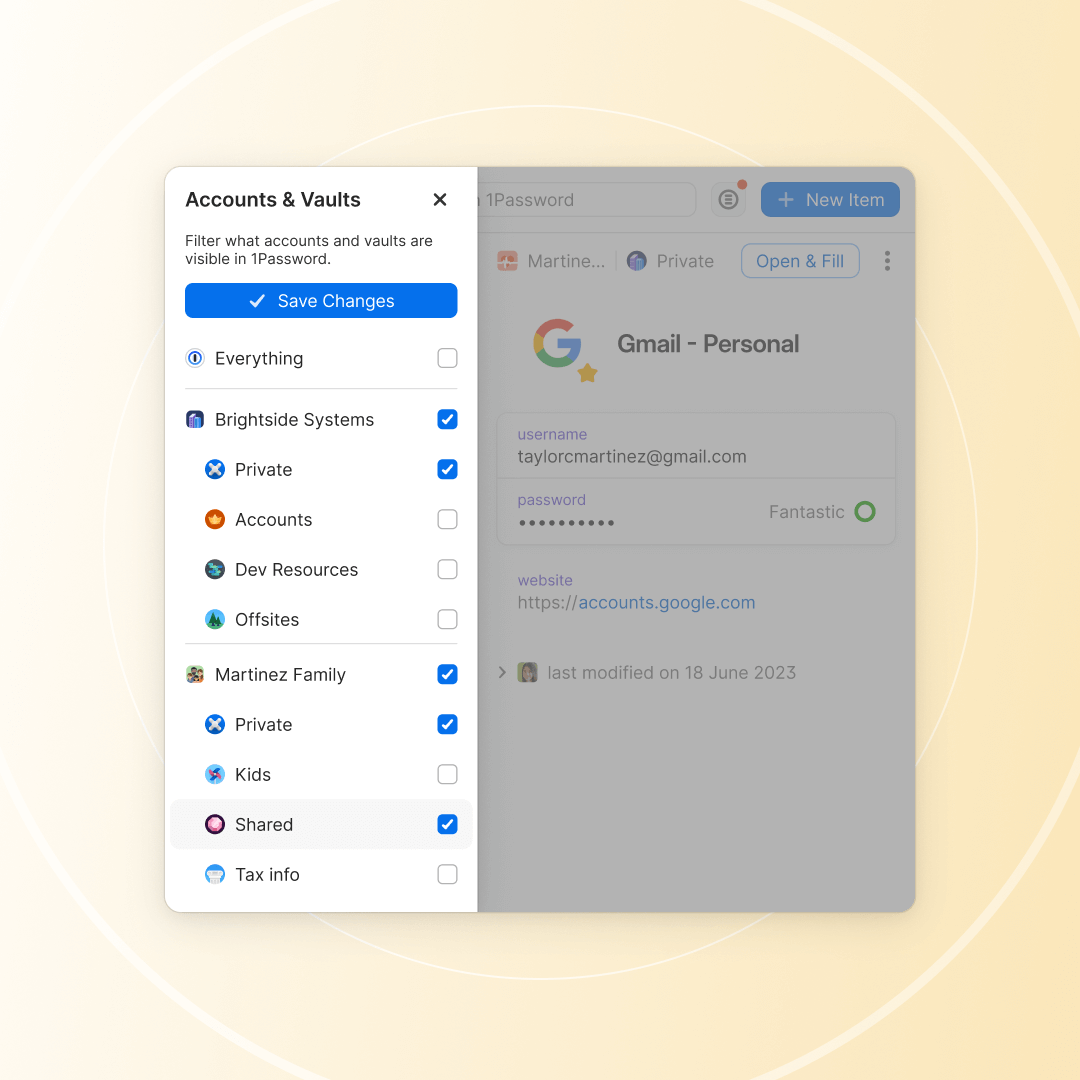 A screenshot showing vault selections in the 1Password browser extension.