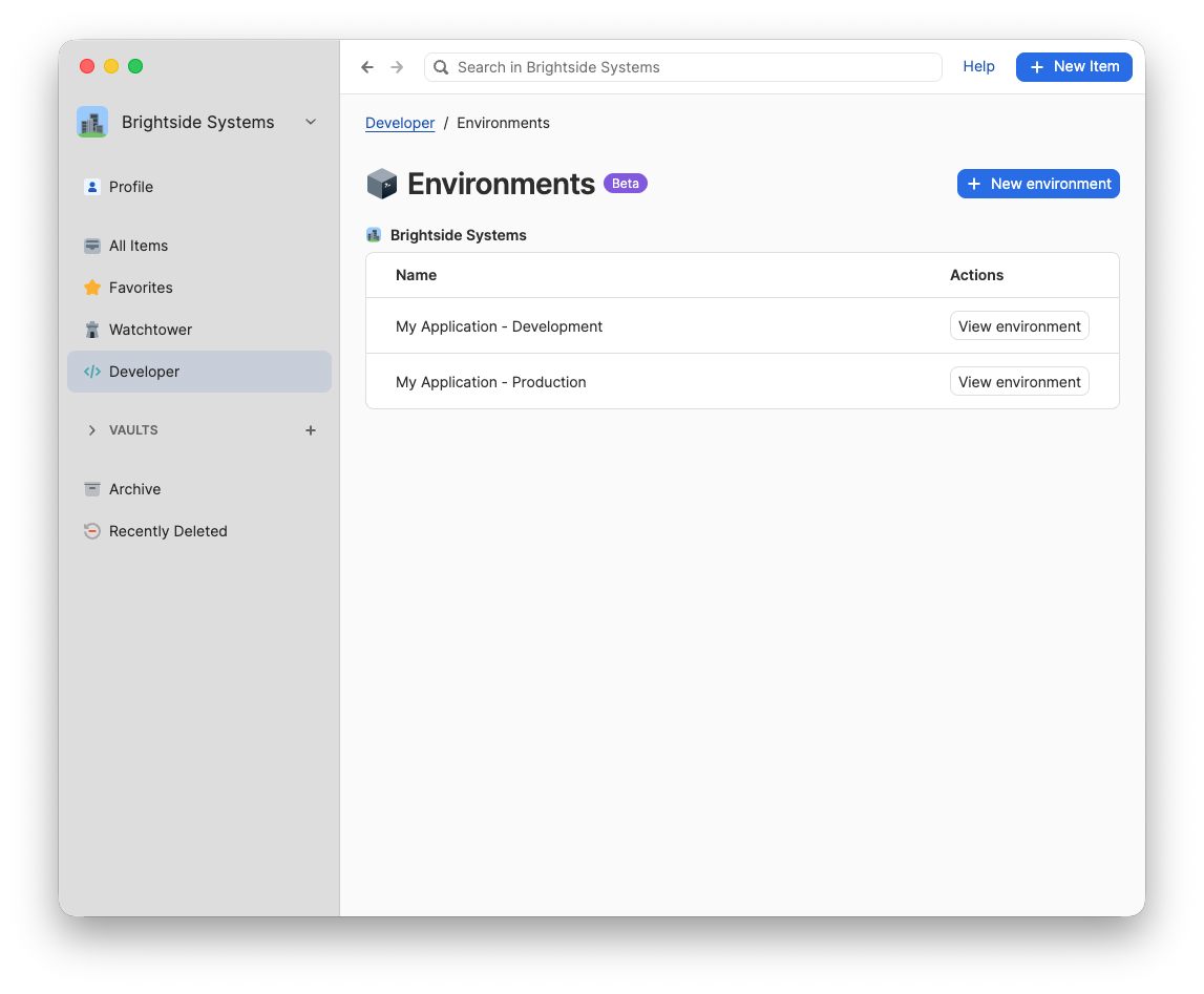 A screenshot of Environments in 1Password.