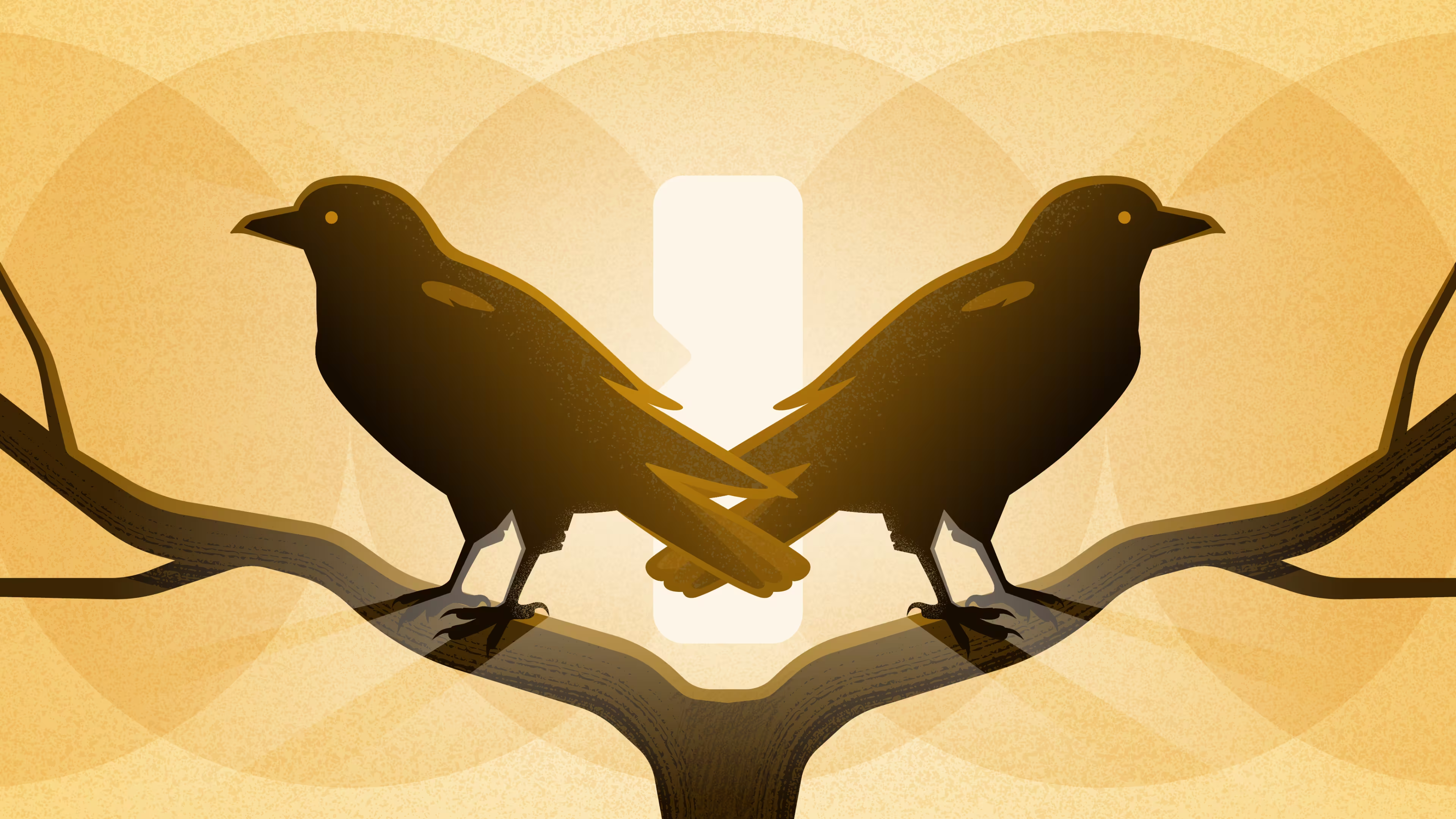 The Chasing Entropy podcast logo: an illustration of two crows facing opposite each other against a yellow background, with the 1Password keyhold logo in the middle