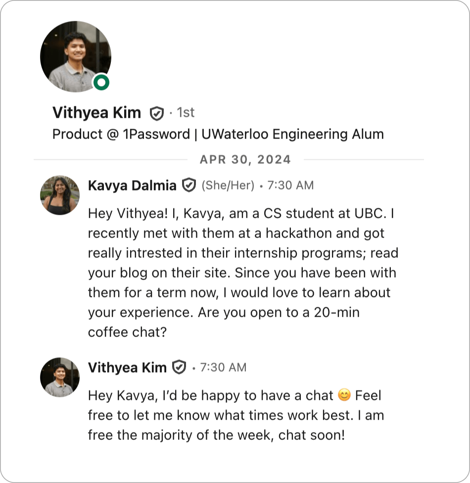 Screenshot of first LinkedIn message.