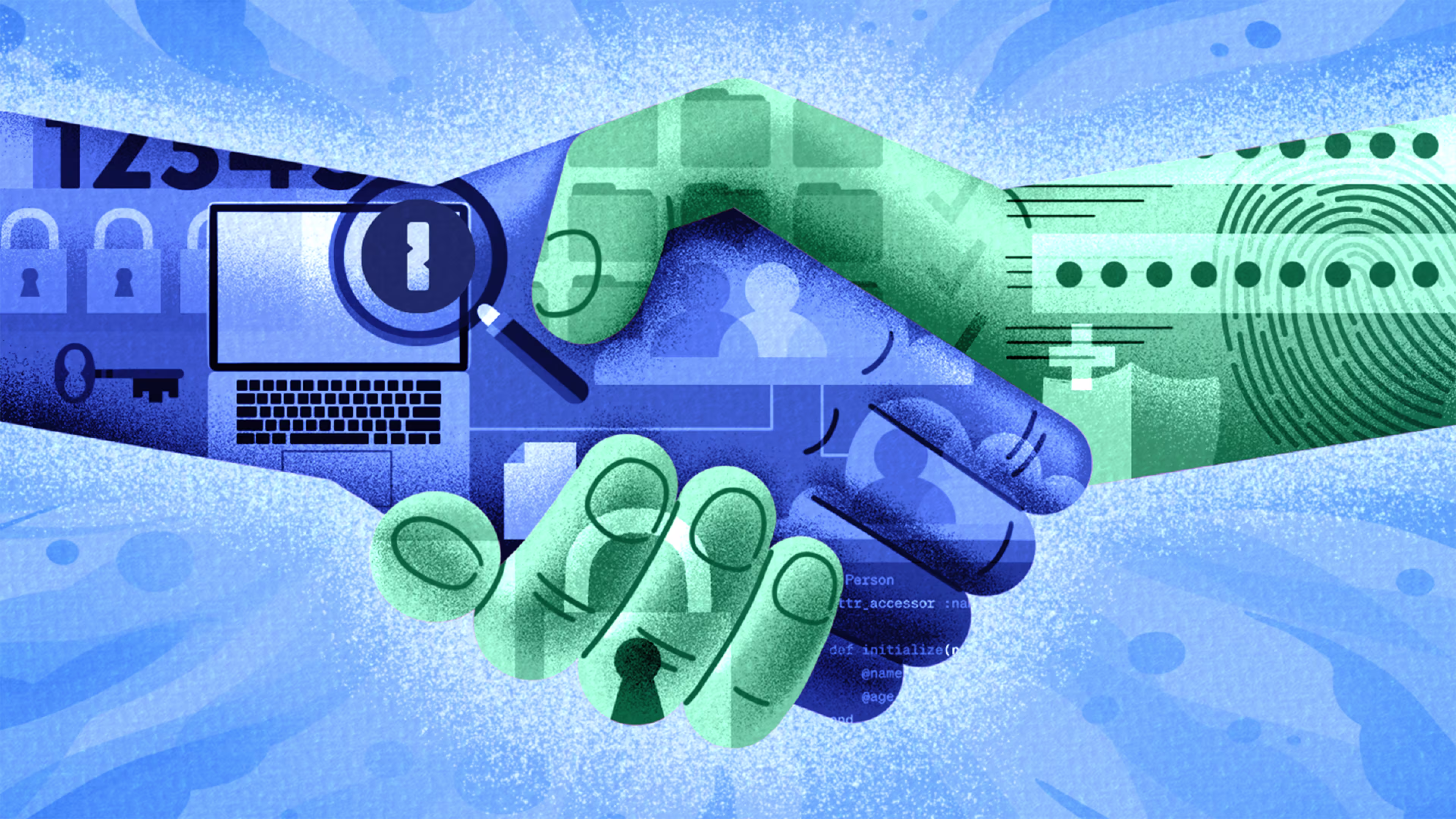 An illustration of two hands shaking. One is blue, and one is green, and they both have various elements of cybersecurity superimposed over them (laptops, locks, keys, thumbprints, users)