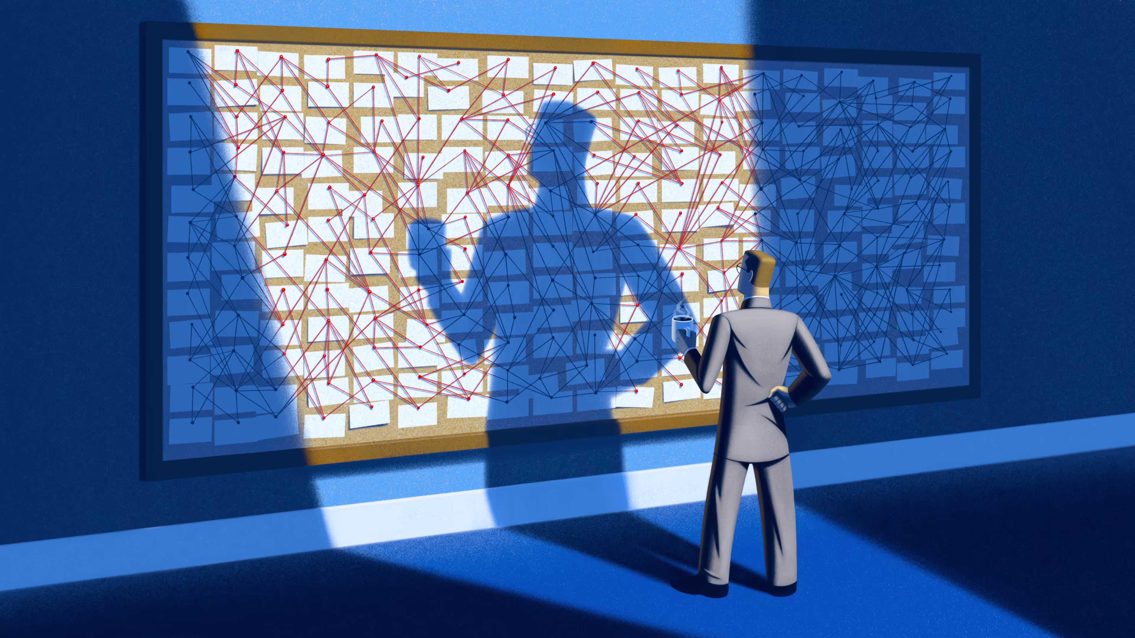 An illustration of a man in a suit, holding a cup of coffee. He's lit from behind as he looks at a huge cork board. The board is covered with hundreds of small pieces of paper that are connected by various pieces of red string.