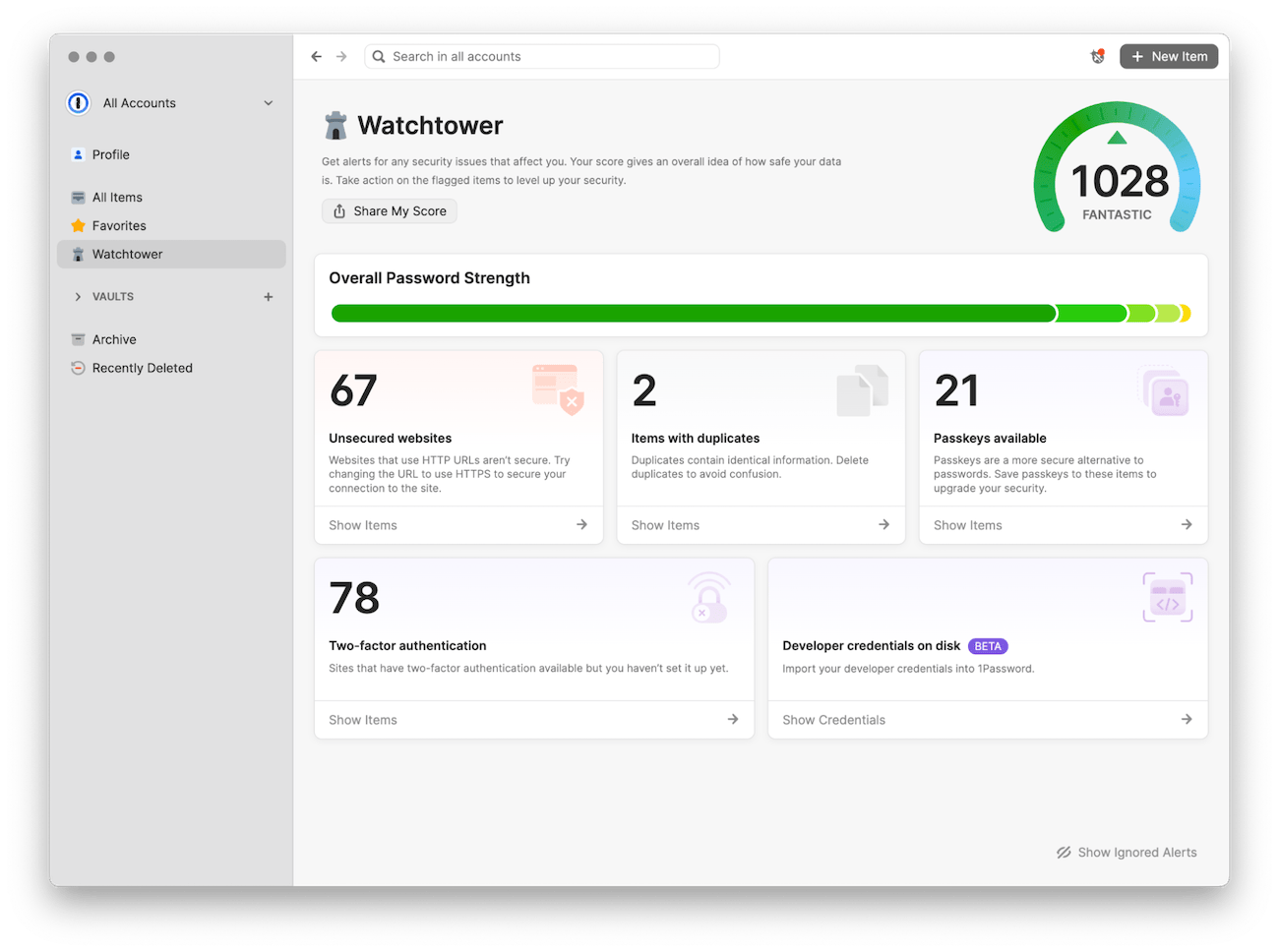 1Password Watchtower showing a new option to scan developer credentials