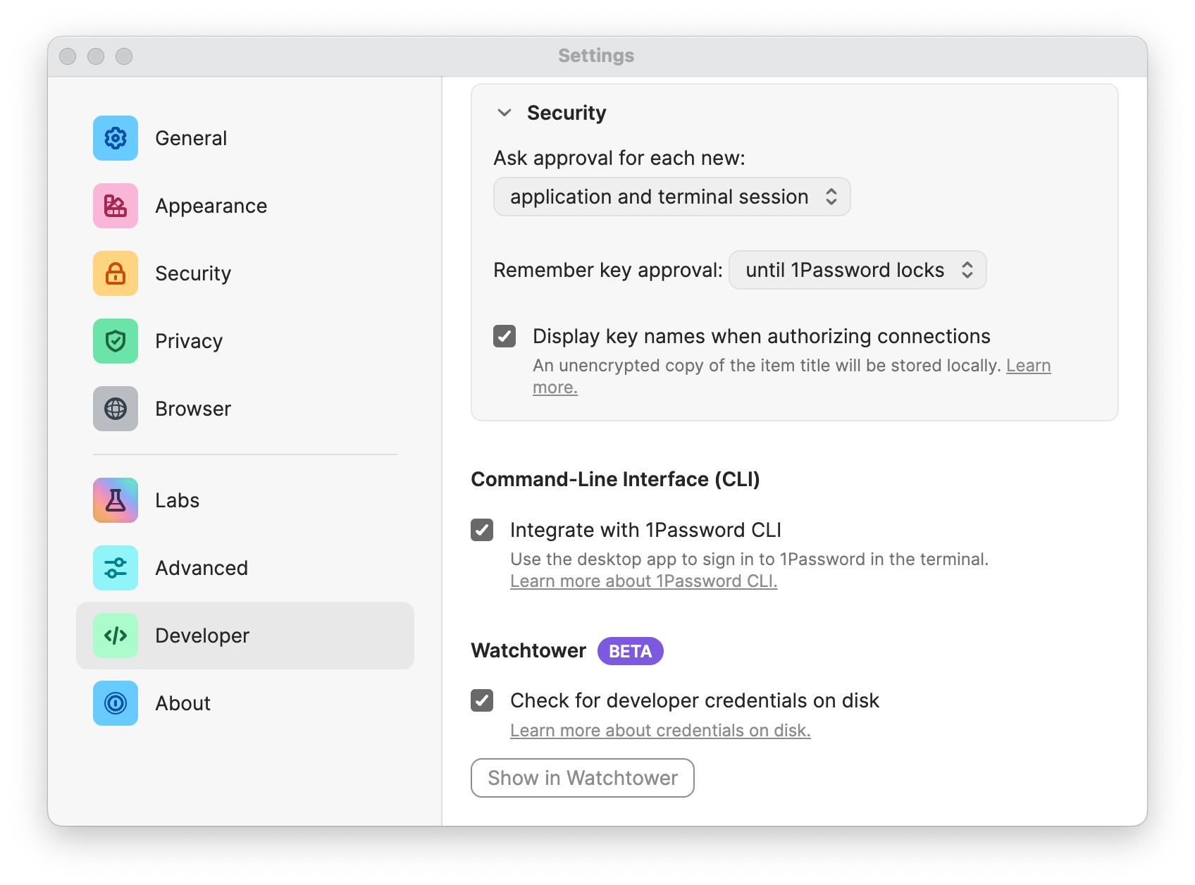 1Password settings with a new option to check for developer credentials on disk