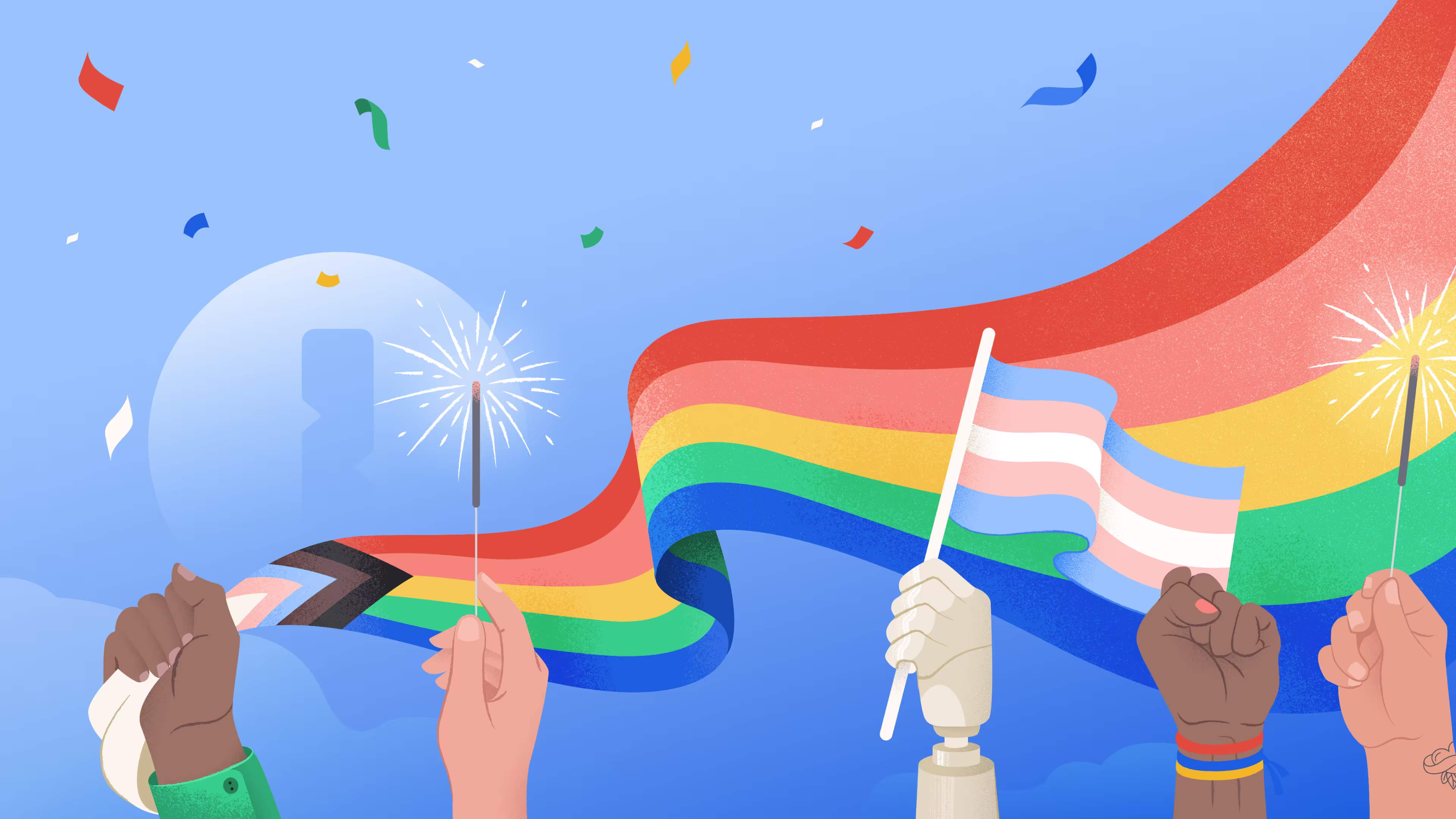 An illustration of hands representing various races, and one prosthetic hand. Some hands are holding LGBTQA and trans pride flags, some are holding sparklers, and one hand is raised in a fist. 