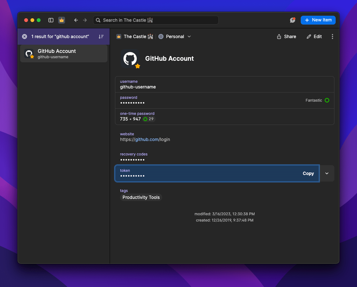 Example 1Password item storing a GitHub access token