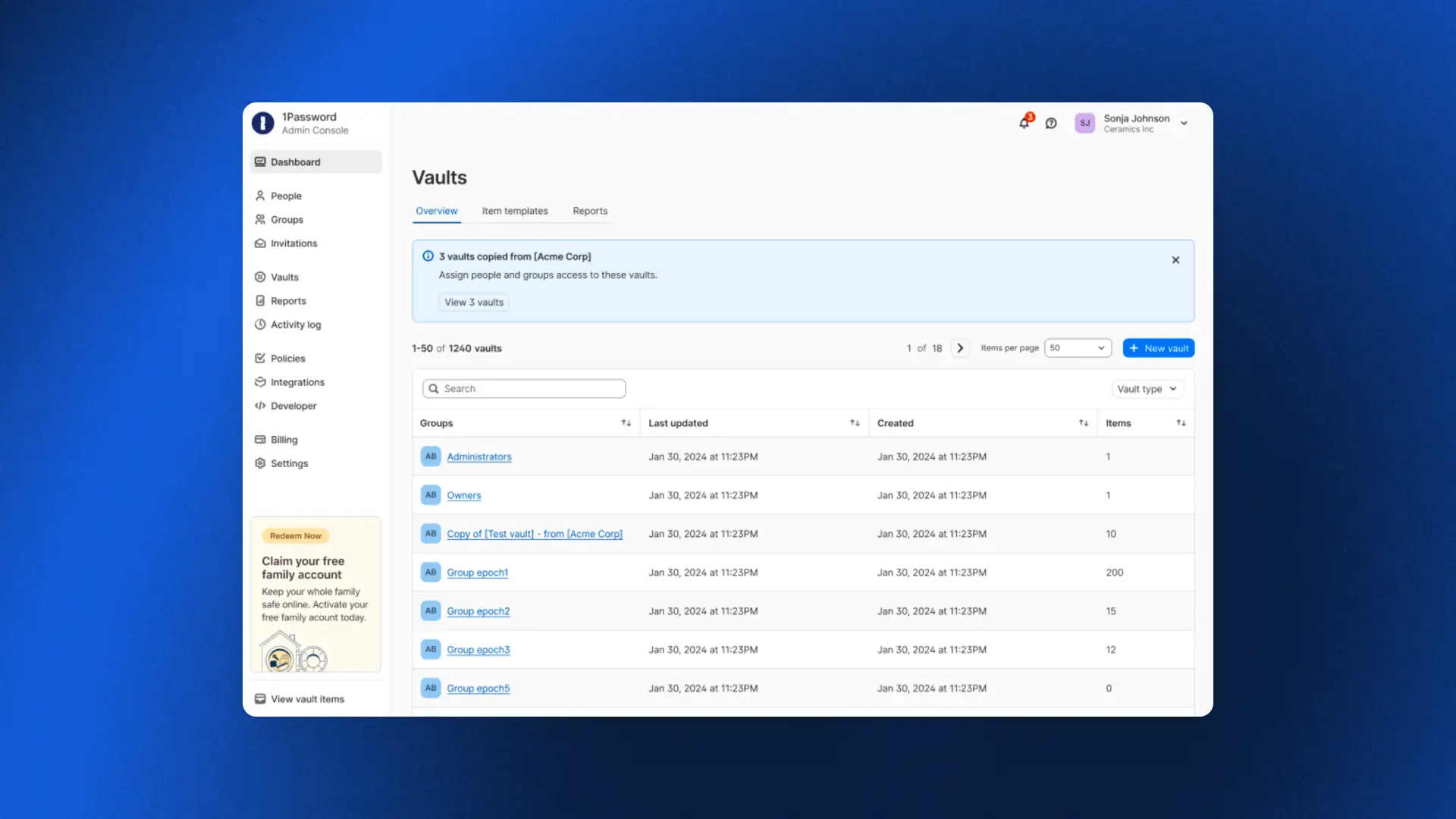 A rendering of a 1Password EPM admin dashboard showing available vaults, which admins can select, copy, and enable access to for various people and groups.