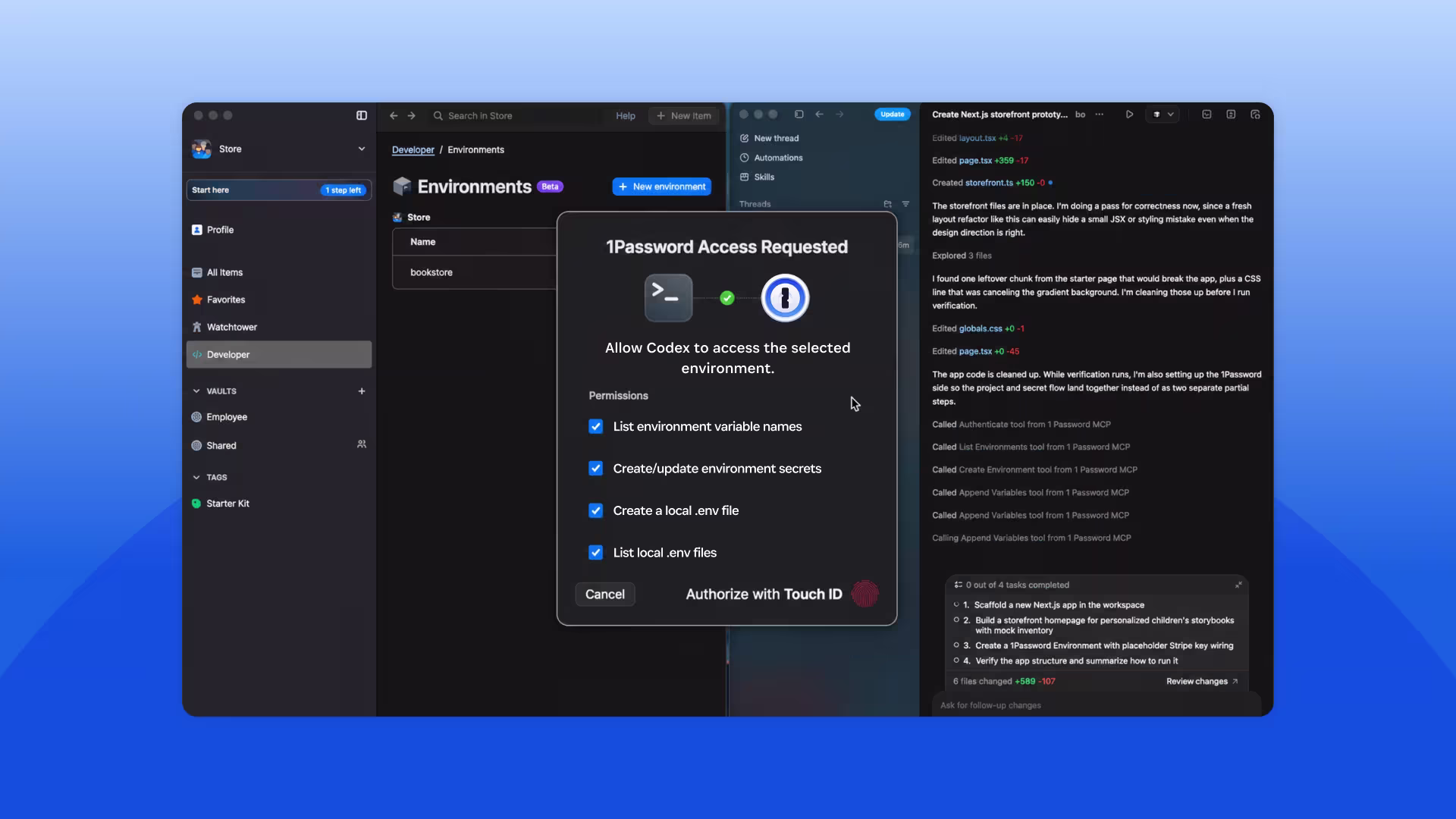 A screenshot on a blue background showing how a user grants approval for Codex to access a selected environment, via 1Password.