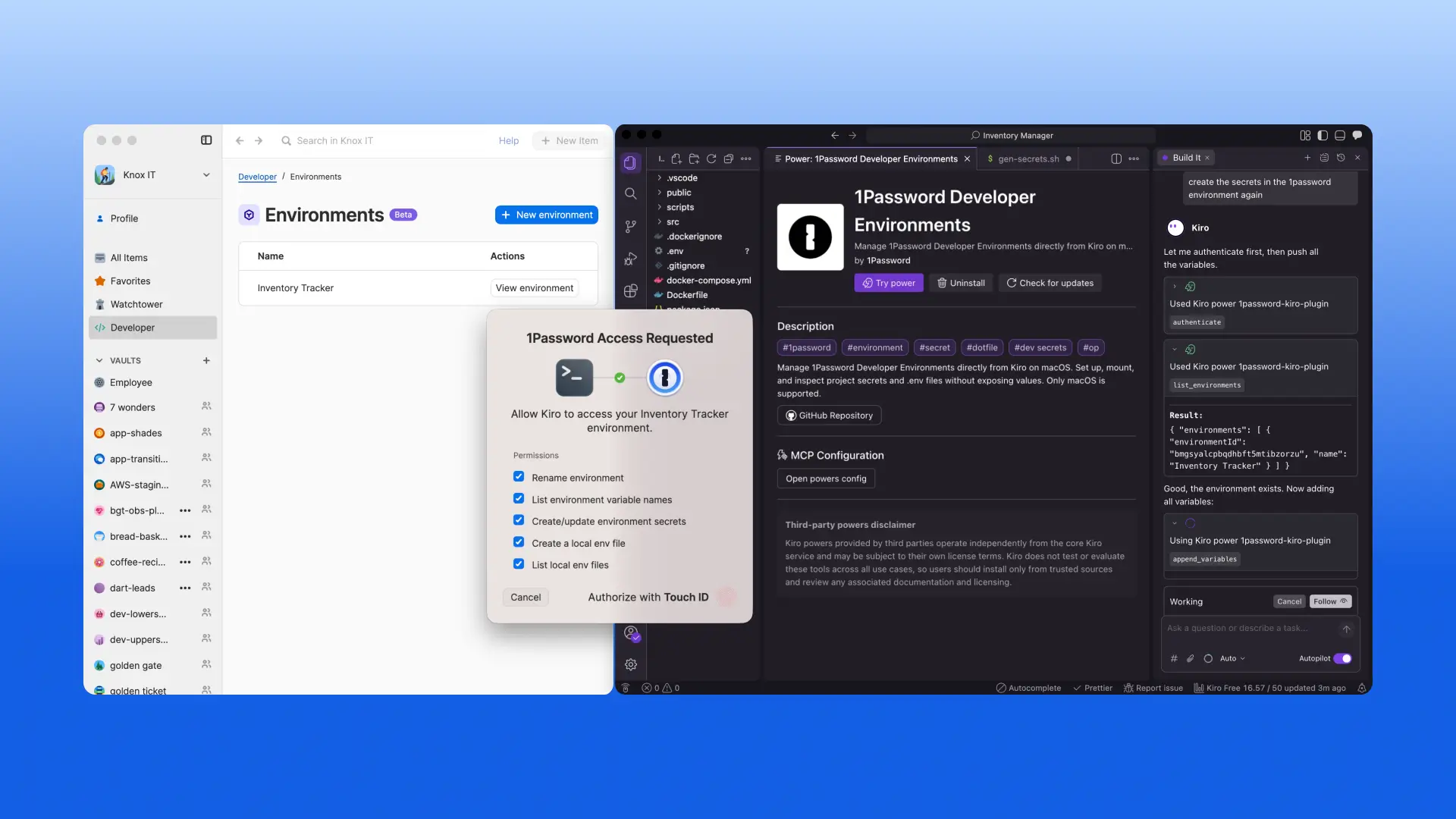 A screenshot of a developer workflow from within Kiro, in which 1Password is being used to request access to an Inventory Tracker environment.