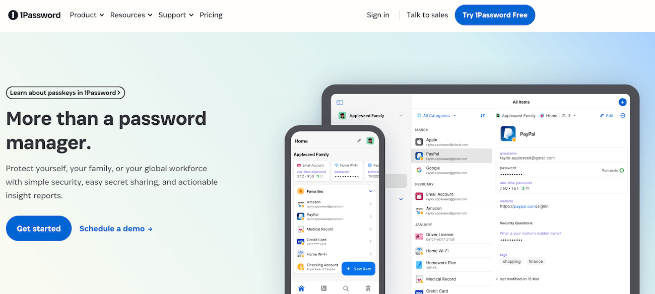 A screenshot of 1Password's website homepage.