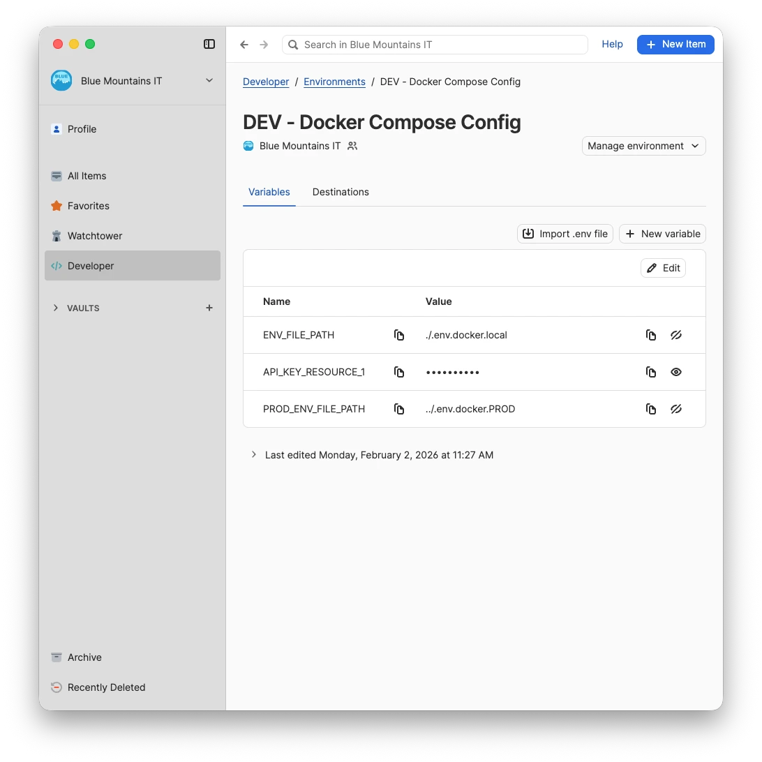 A screenshot of 1Password Enterprise Password Manager, showing a working Environment titled Docker Compose Config. A series of variables are visible. 