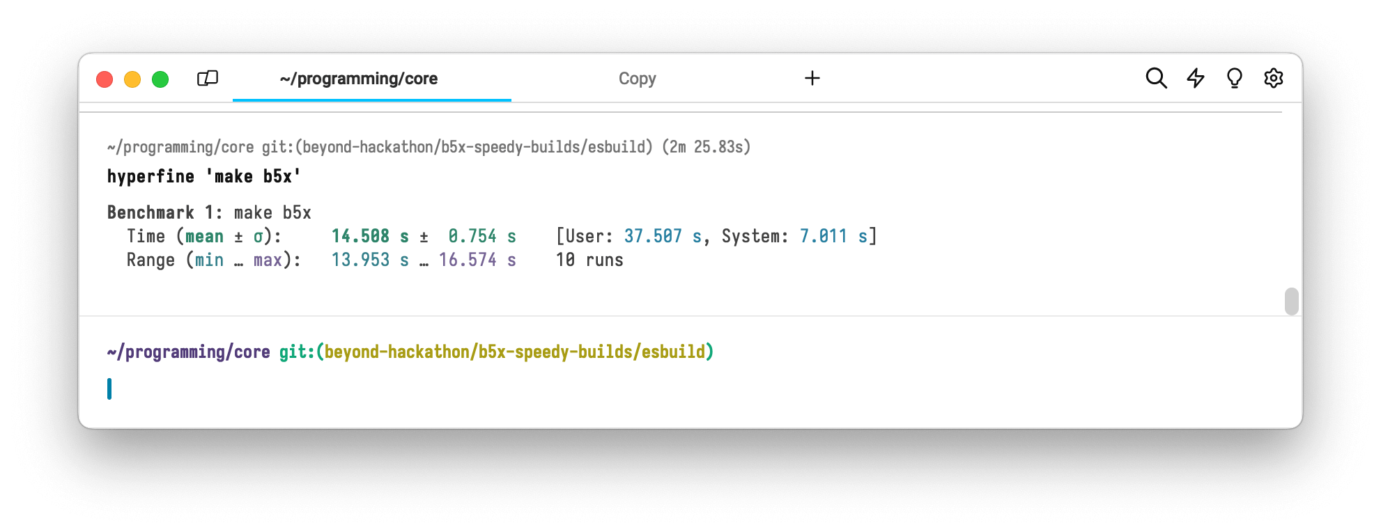 a screenshot of a terminal showing the output of a hyperfine benchmark run on our final hackathon project build system
