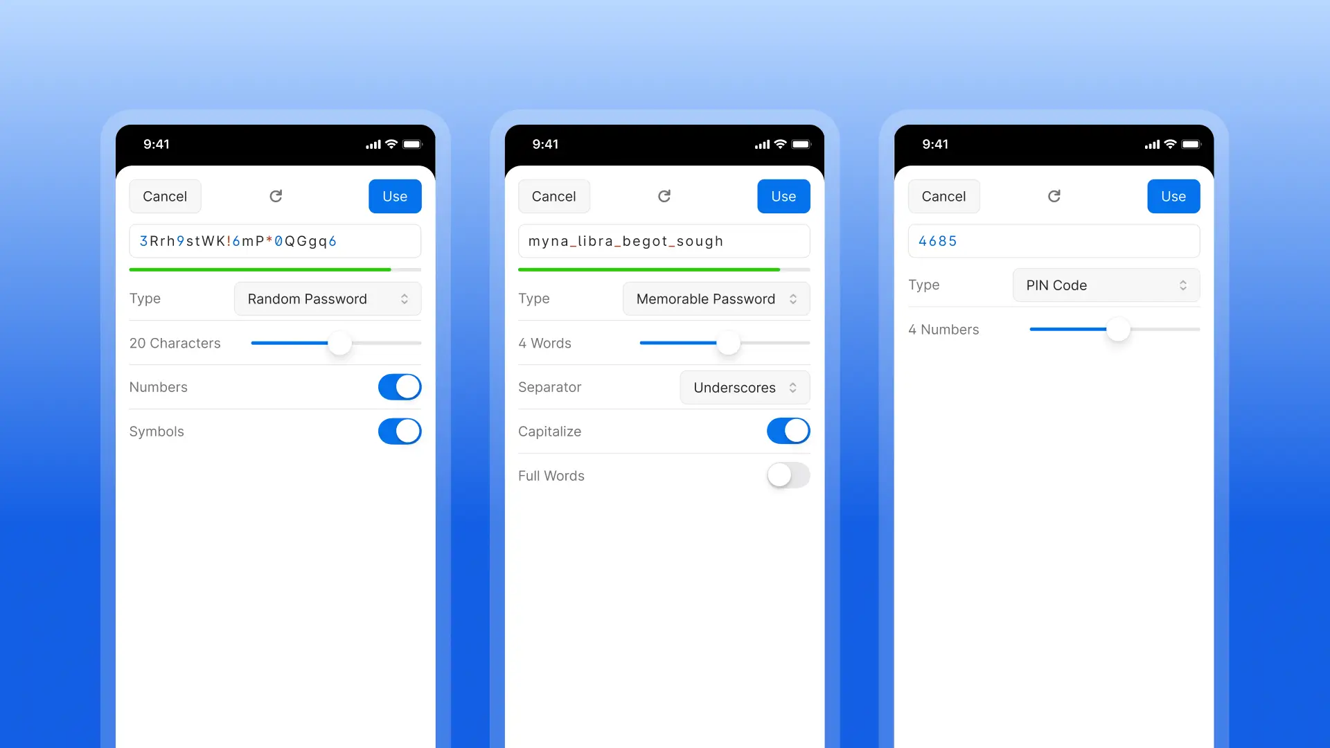 Three side-by-side phone screens showing password creation settings in 1Password
