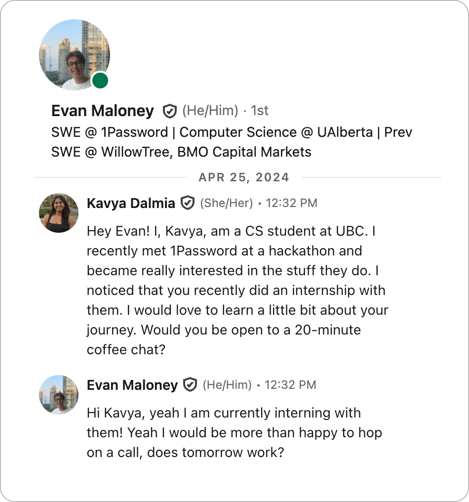 Screenshot of second LinkedIn message.