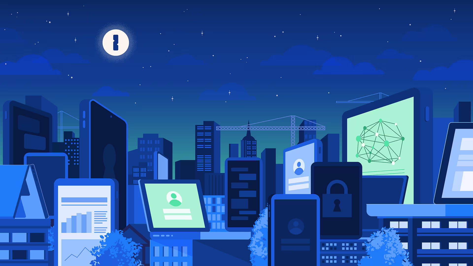 An illustration of a cityscape at night, but most of the buildings are large screens: phones, laptops, etc. The moon features the 1Password logo in its center.