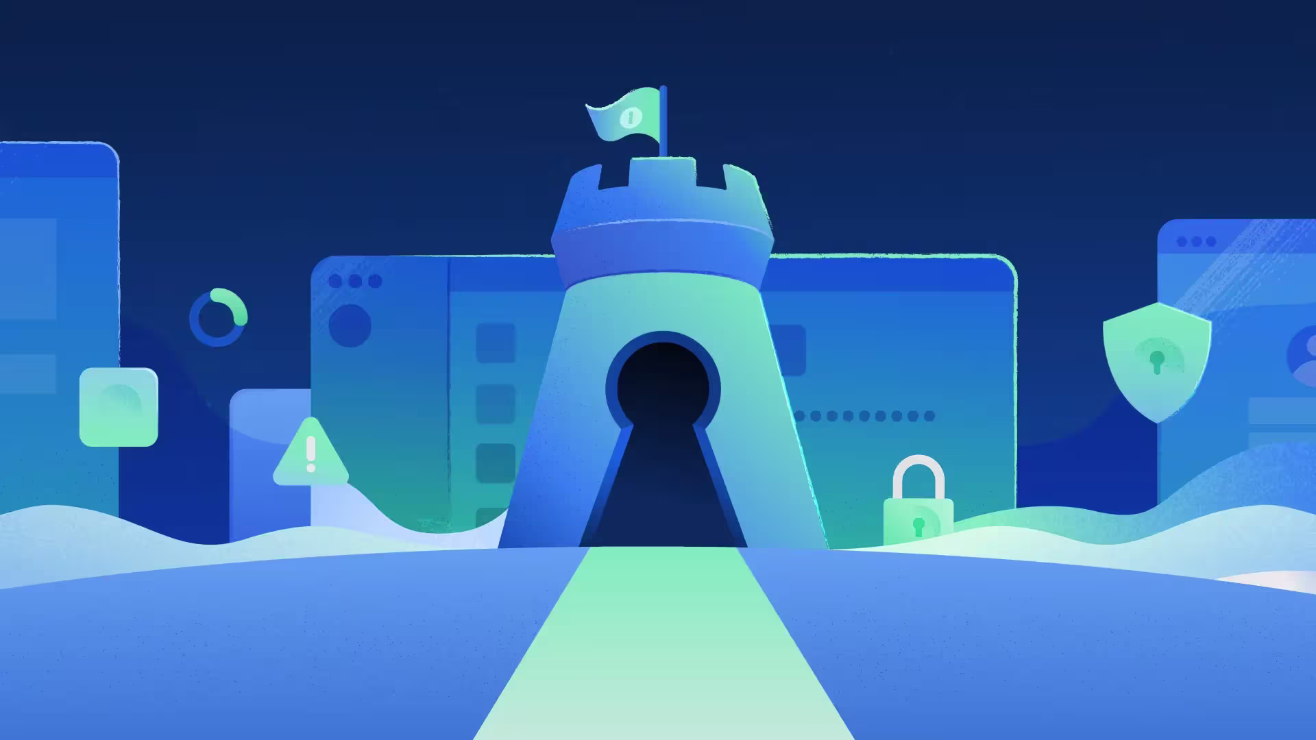 An illustration in shades of blue showing a road leading up to a medieval-style tower with a door in the shape of a keyhole.