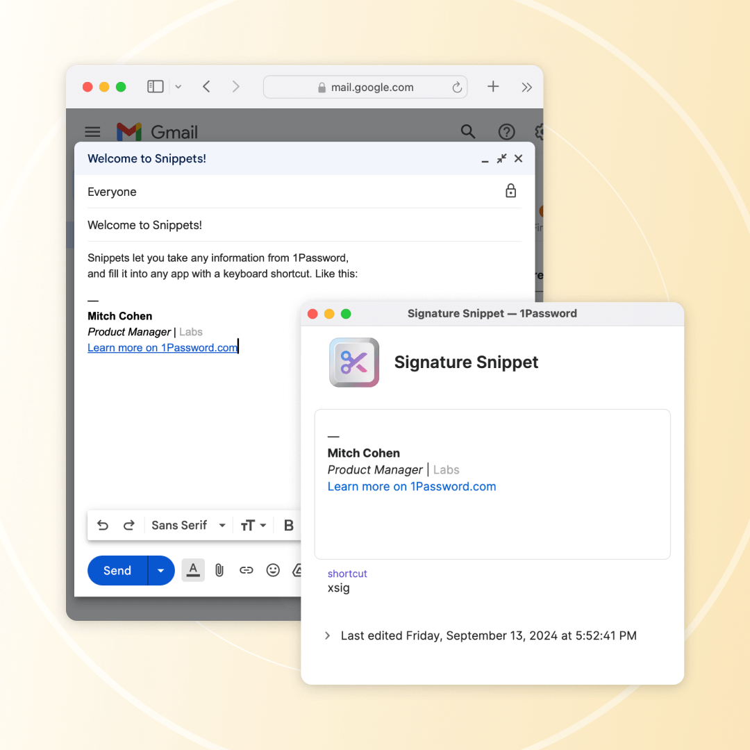 A screenshot showing an email signature autofilled by 1Password.