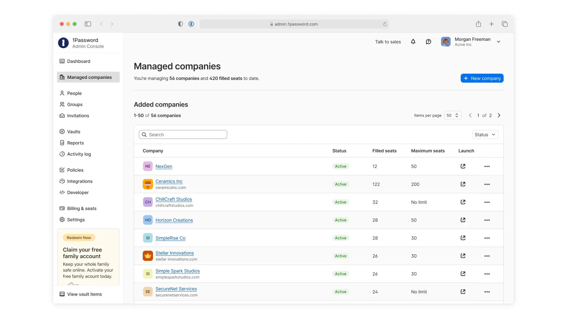 A screenshot of the 1Password MSP dashboard showing a list of managed companies, the number of seats currently filled, and their maximum number of seats.
