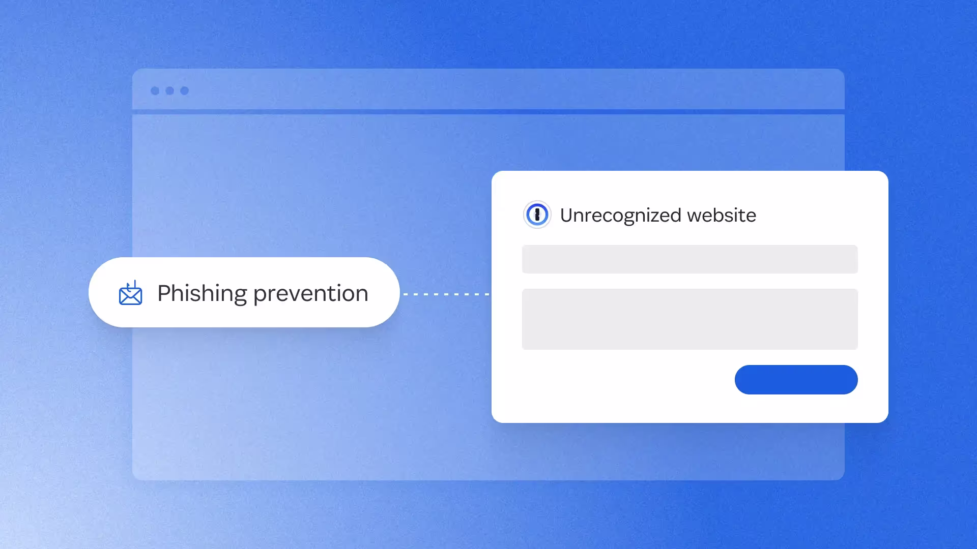 A blue background that resembles an abstracted computer desktop. Superimposed on the top of it is a pop-up that says "phishing prevention," connected to another pop-up that says "unrecognized website."