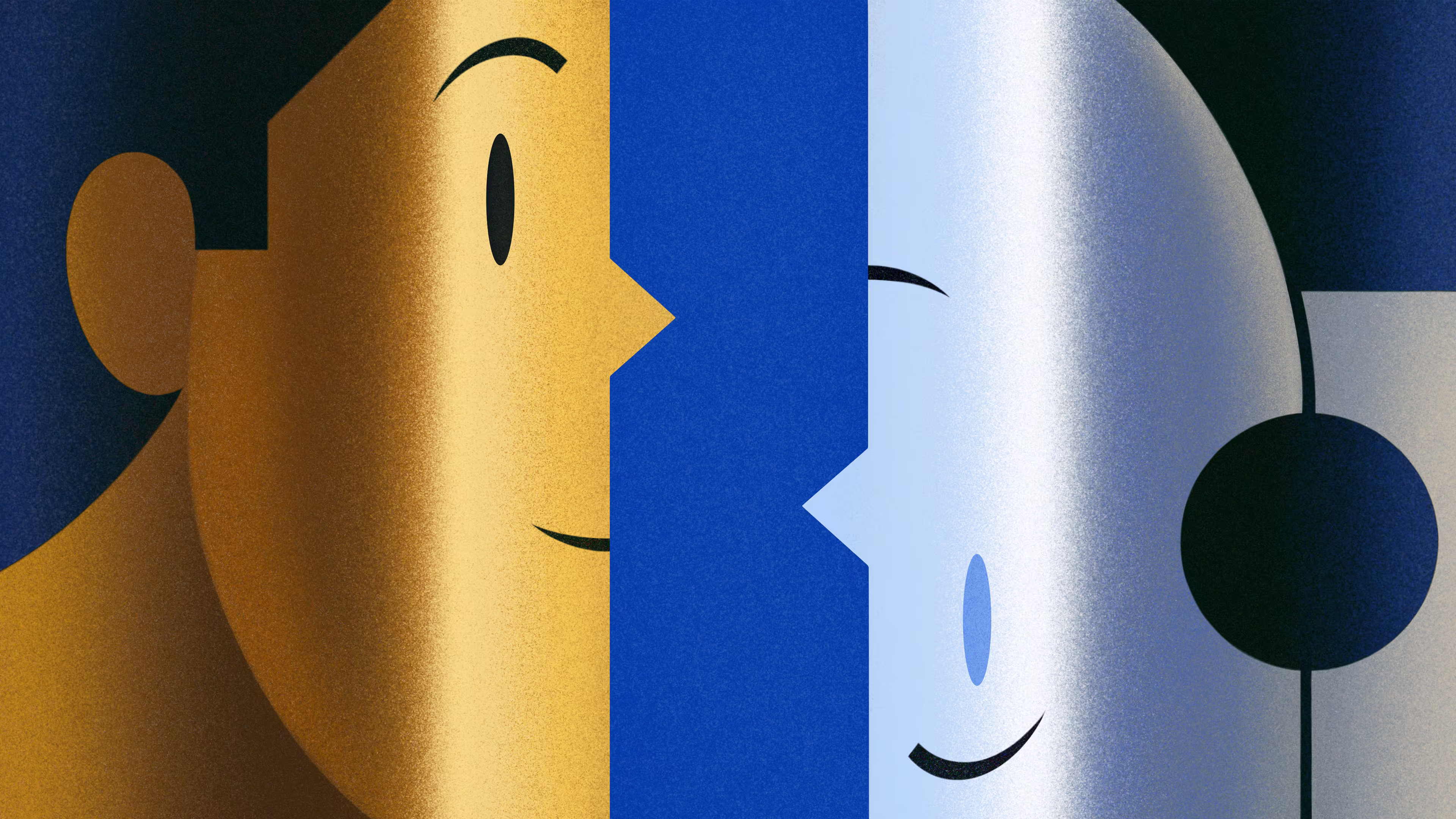 Identity and Accountability in the Age of AI Agents: a human face and a human-looking machine face meet eyes in a balanced tableau, forming the 1Password key mark.