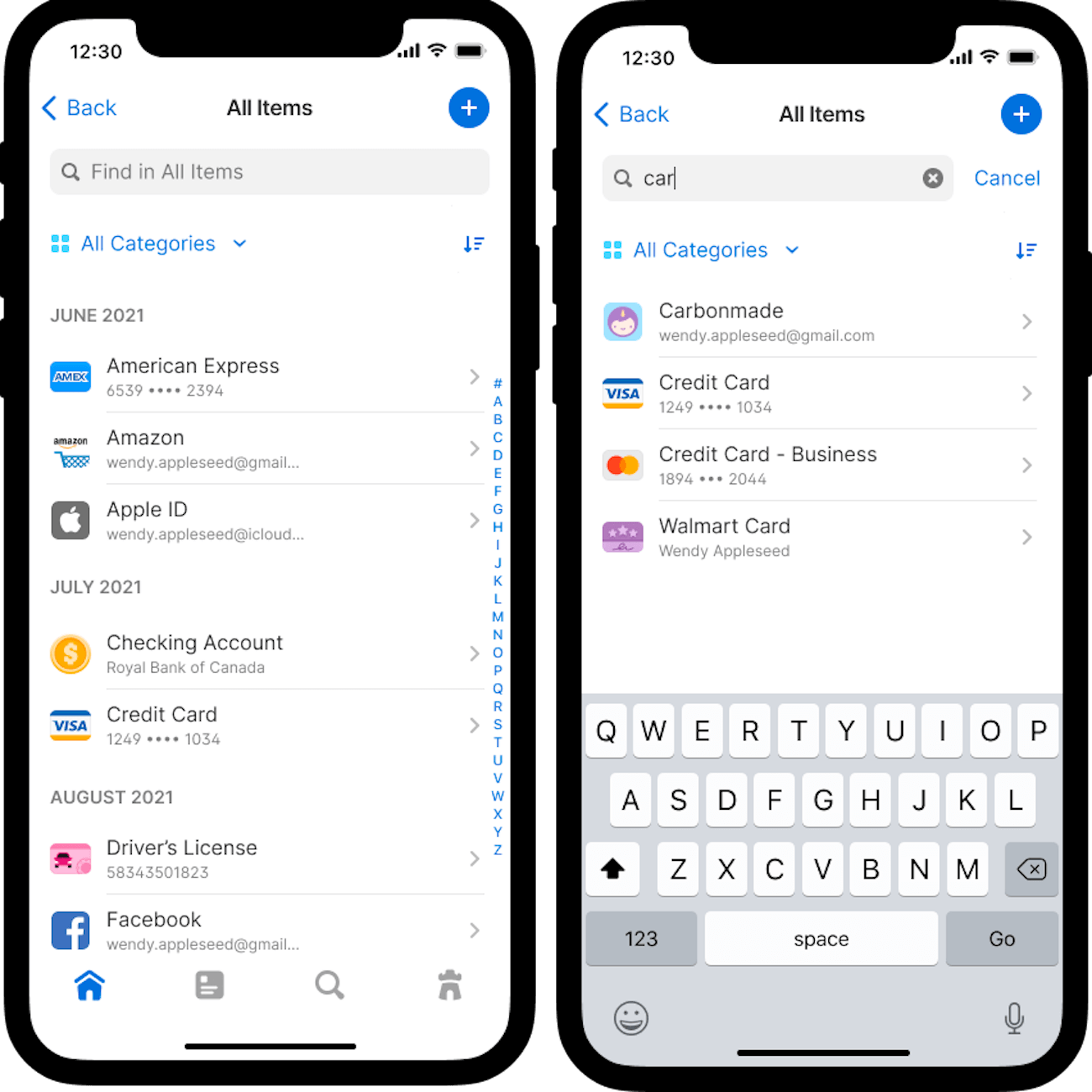 Two iPhone screenshots showing how to search within a list of items.