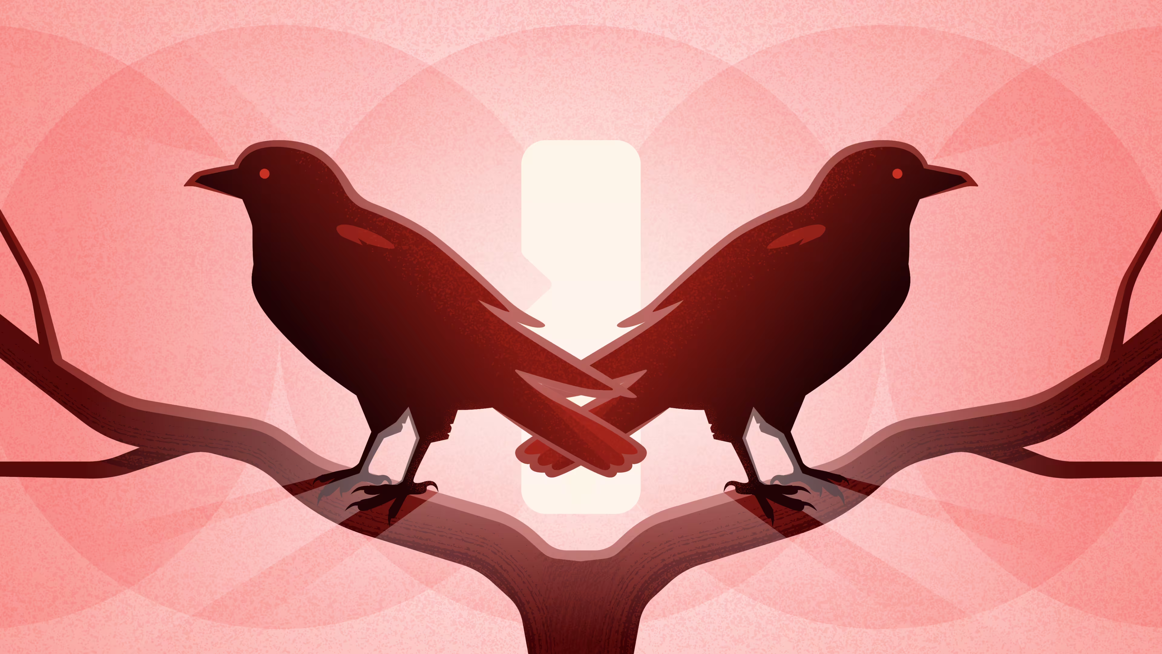 An illustration of two crows standing back to back on a tree against a red background, with the 1Password keyhole logo in the middle.