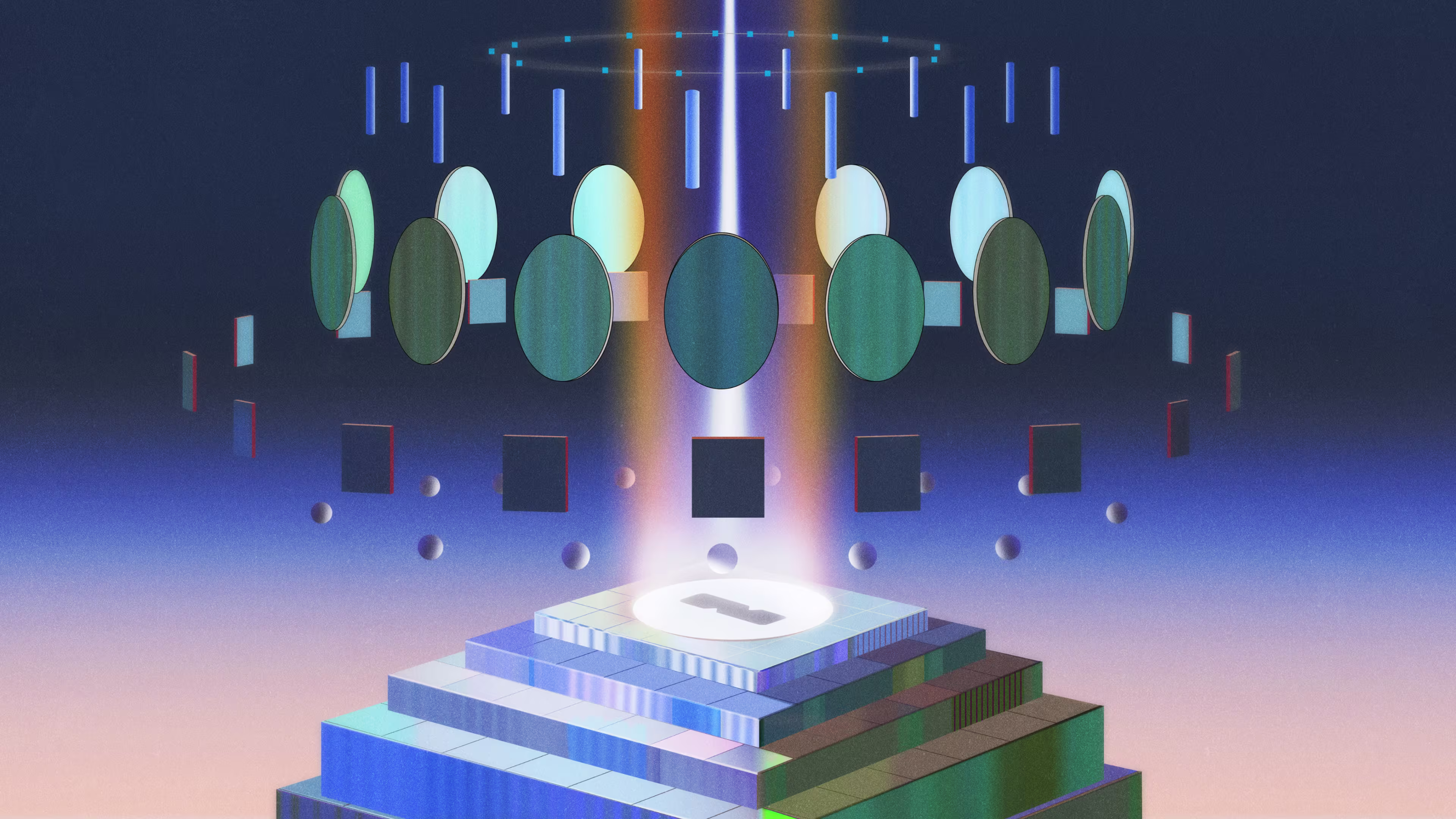 An illustration of a plinth made of ascending cubes, somewhat like a computer chip. In the center of the top of it is the 1Password logo, which is lit by a spotlight. The spotlight beam rises through a series of abstract shapes arranged in rings around it.