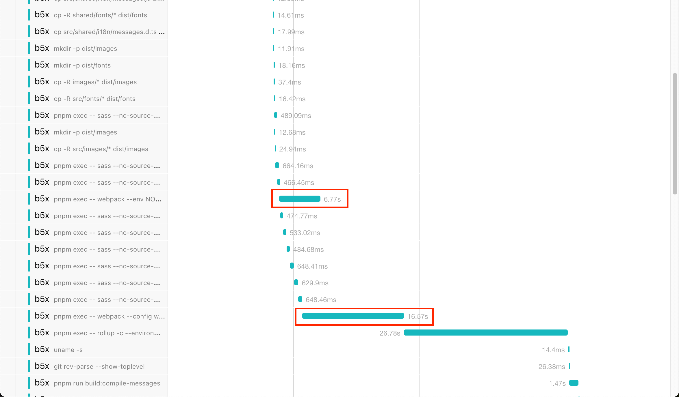 Screenshot of a jaeger profile showing a couple highlighted spans that are Webpack commands running.
