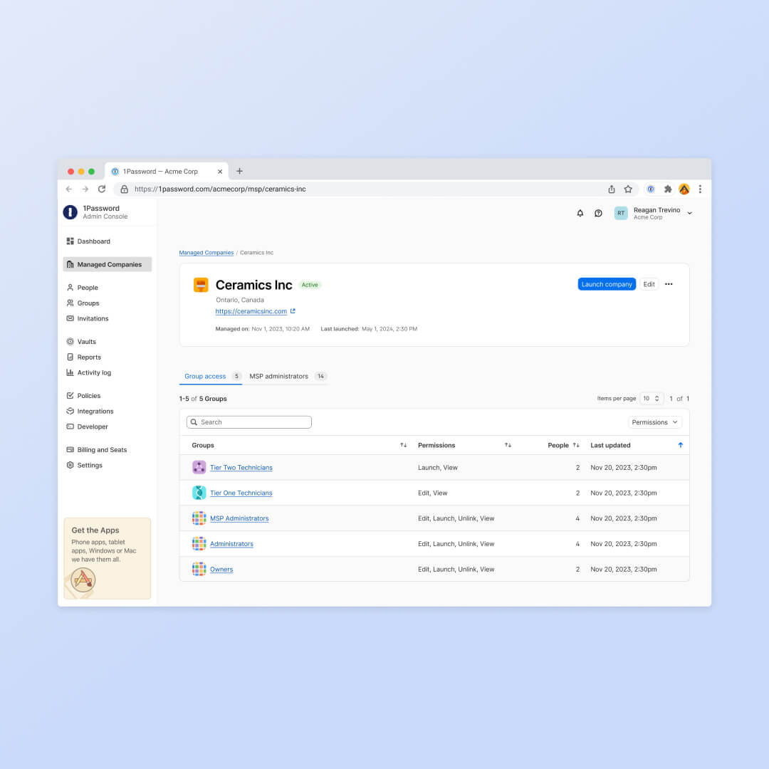 A screenshot from the 1Password Enterprise Password Manager – MSP Edition.