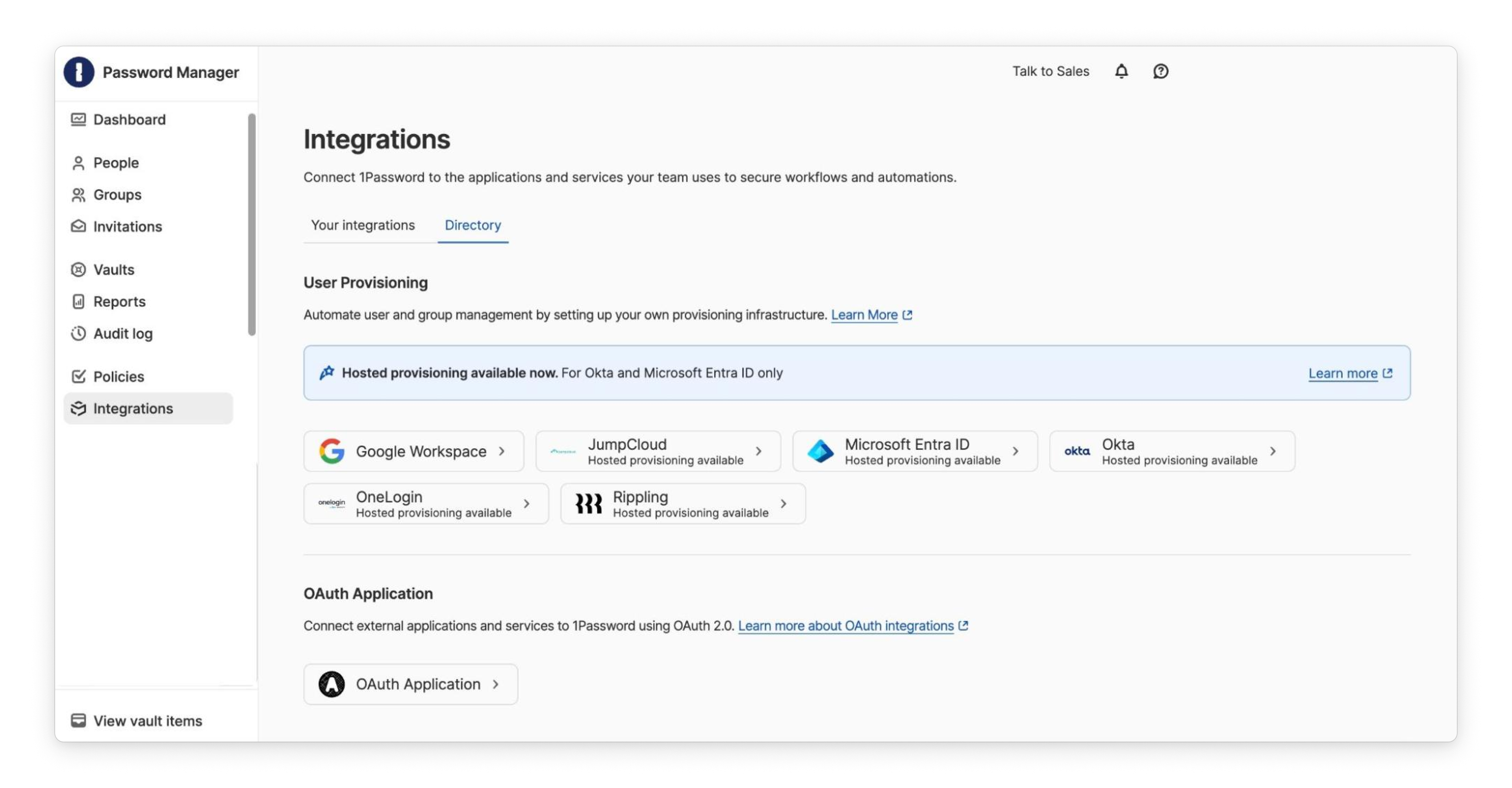 A screenshot of the "Integrations" page of 1Password Enterprise Password Manager, showing integrations for SOC workflows.