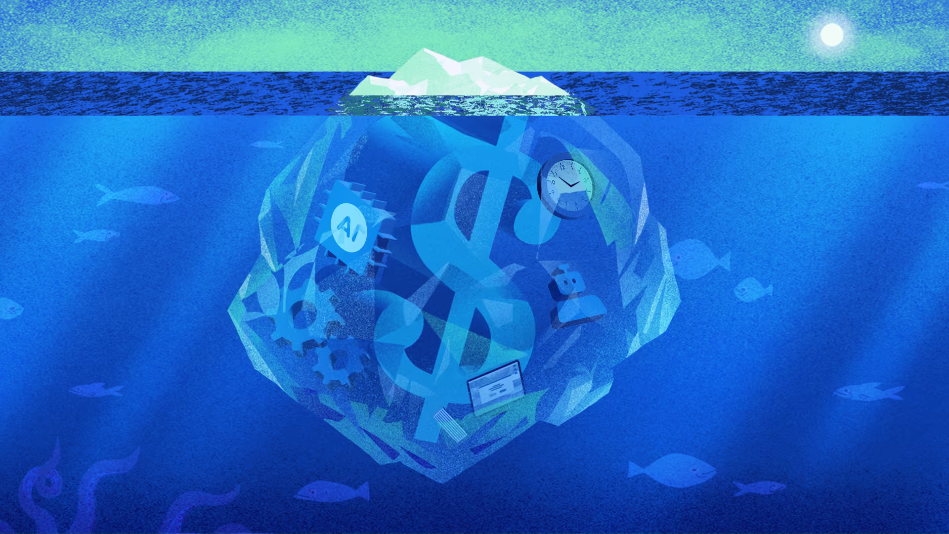 An illustration of an iceberg. Above the water, its tip is barely visible. Under the water, one can see a large dollar sign frozen inside of it, along with AI tokens, clocks, robots, and gears.