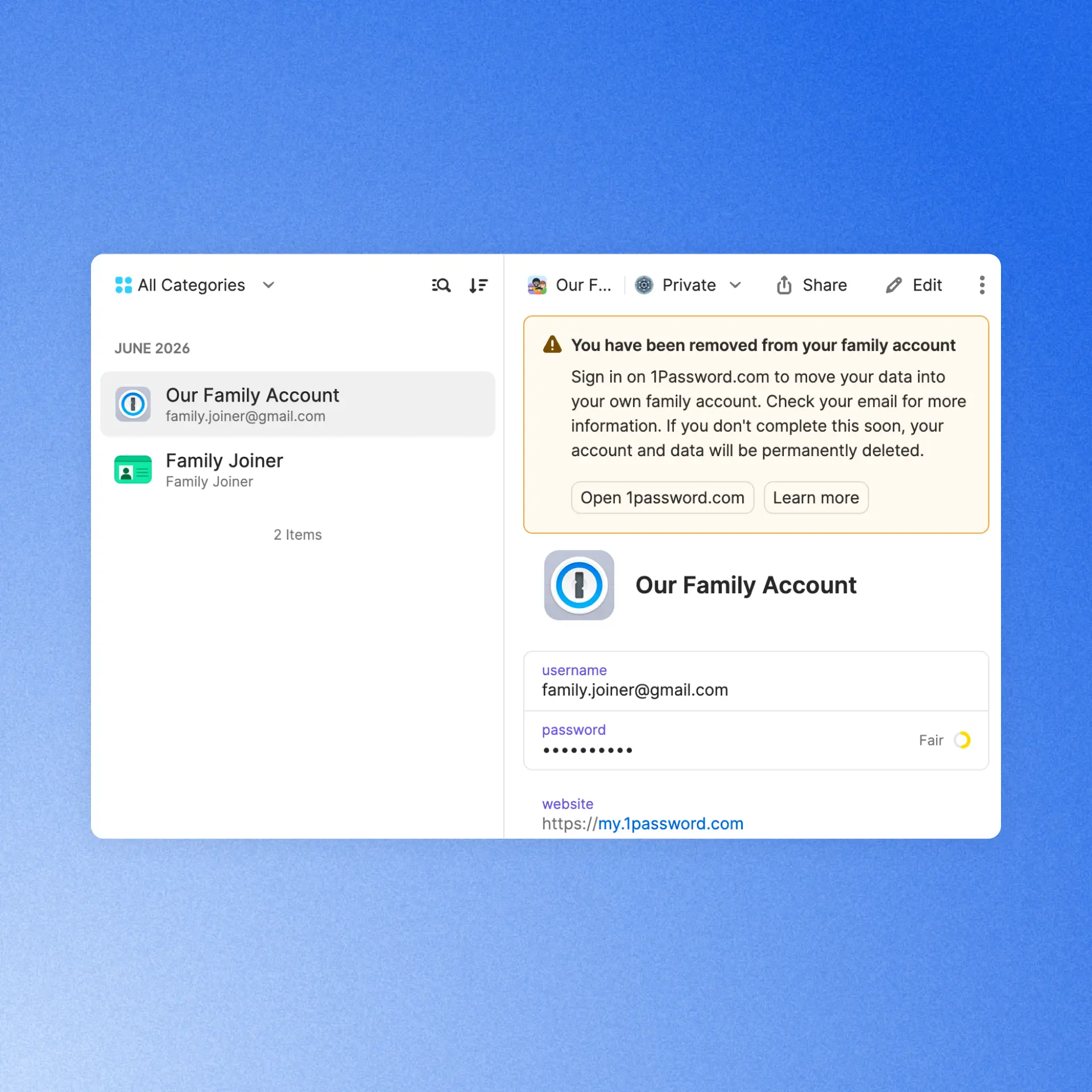 A screenshot showing a 1Password notification that a user has been removed from a Families account, and instructing them on how to proceed to retain access to their data.