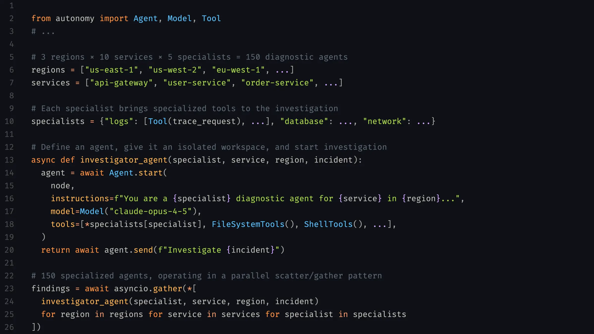 A code block showing the creation of an agent swarm.