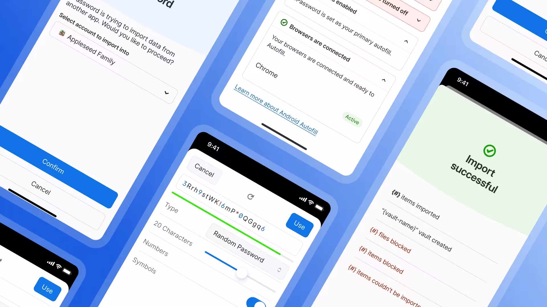 A realistic illustration of several phone screens against a blue background, each showing various 1Password product features