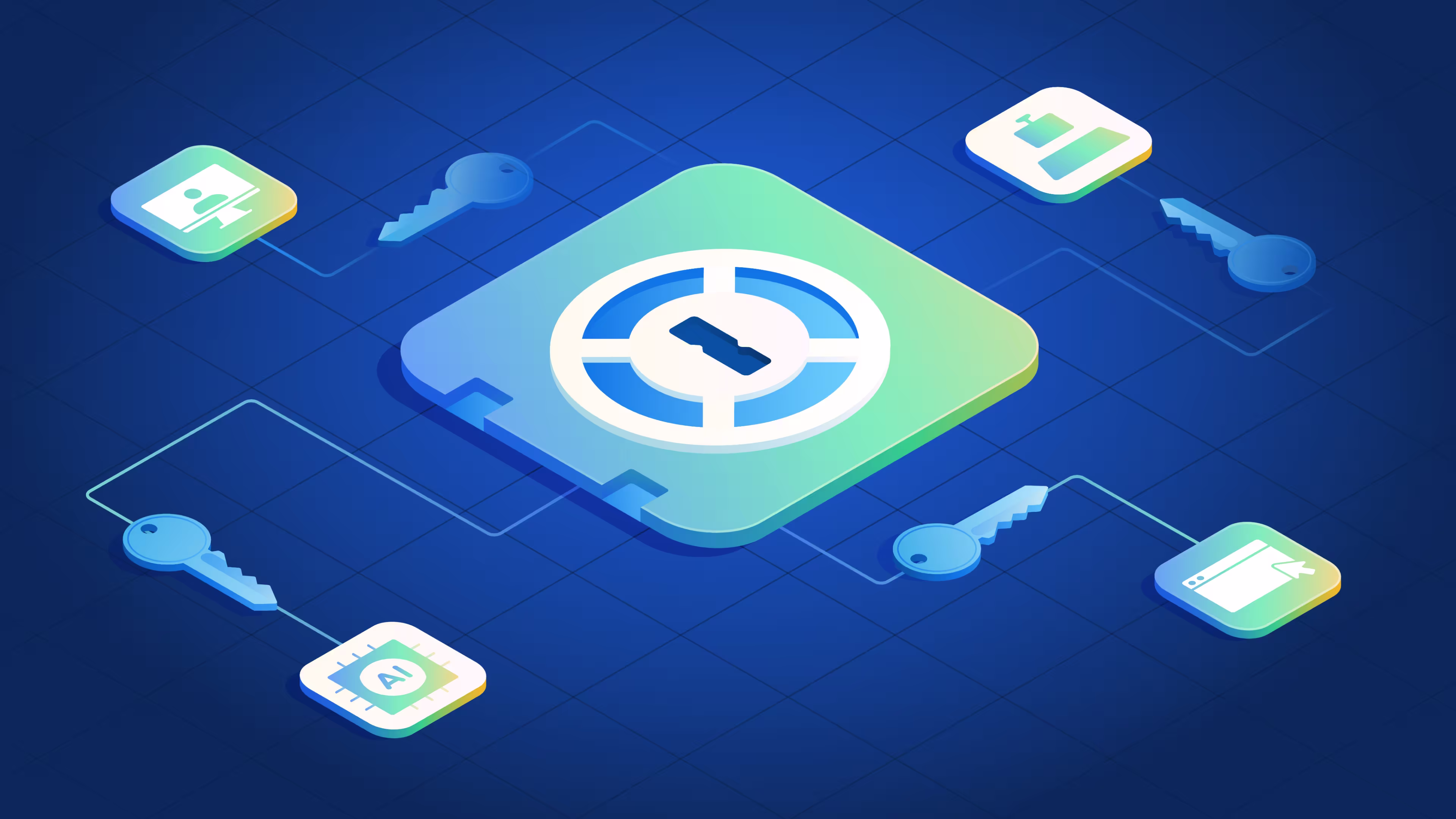 An illustration on a blue background of the 1Password logo inside a technological-looking square, surrounded by keys that are themselves connected to smaller squares representing AI and other concepts unlocked by the credential broker. 