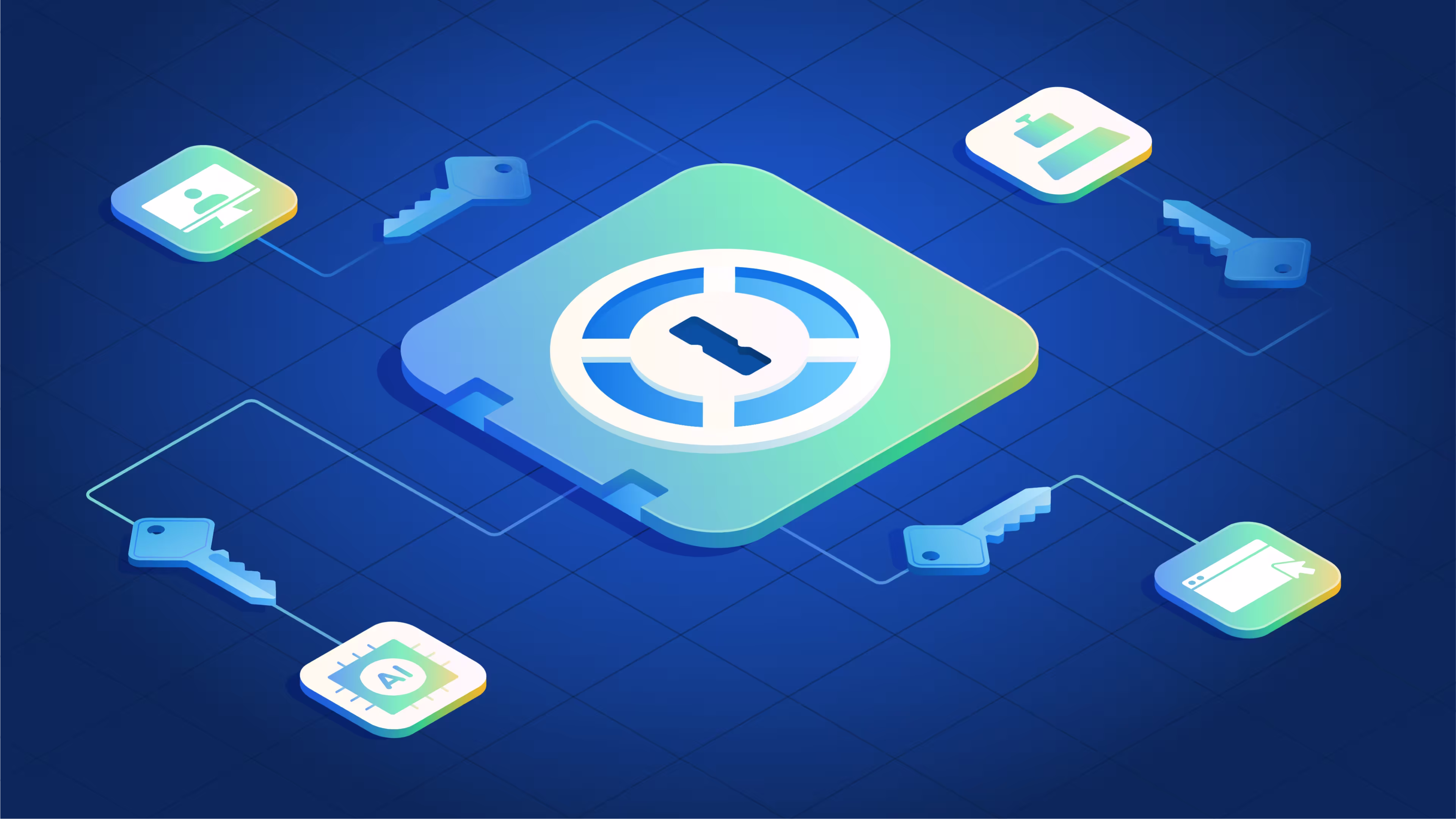 Isometric illustration of the 1Password logo at the center of a network, connected by lines to floating icons representing SSH keys, API keys, an AI agent, and credential surfaces, set against a deep blue grid background.