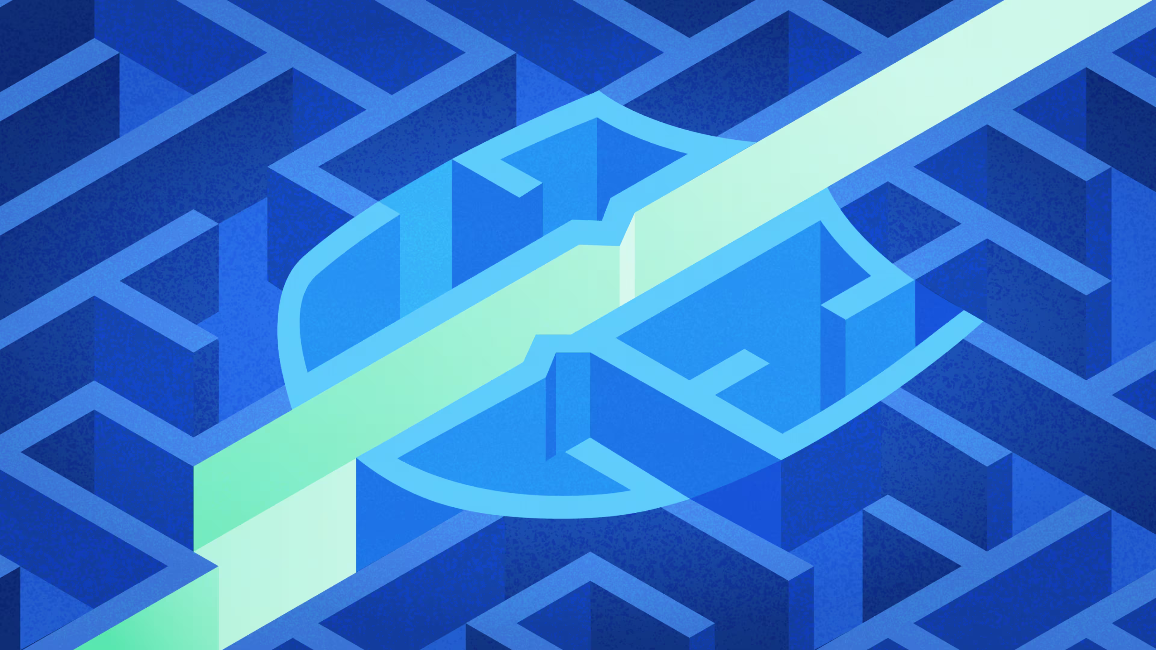 An illustration of a blue maze as seen from above. Going through it is a bright line that passes through an area shaped like a shield, representing security.,