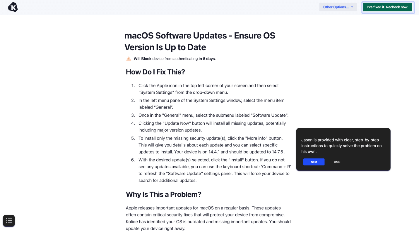 A screenshot of the macOS software updates - ensure OS version is up to date Check and self-remediation instructions.